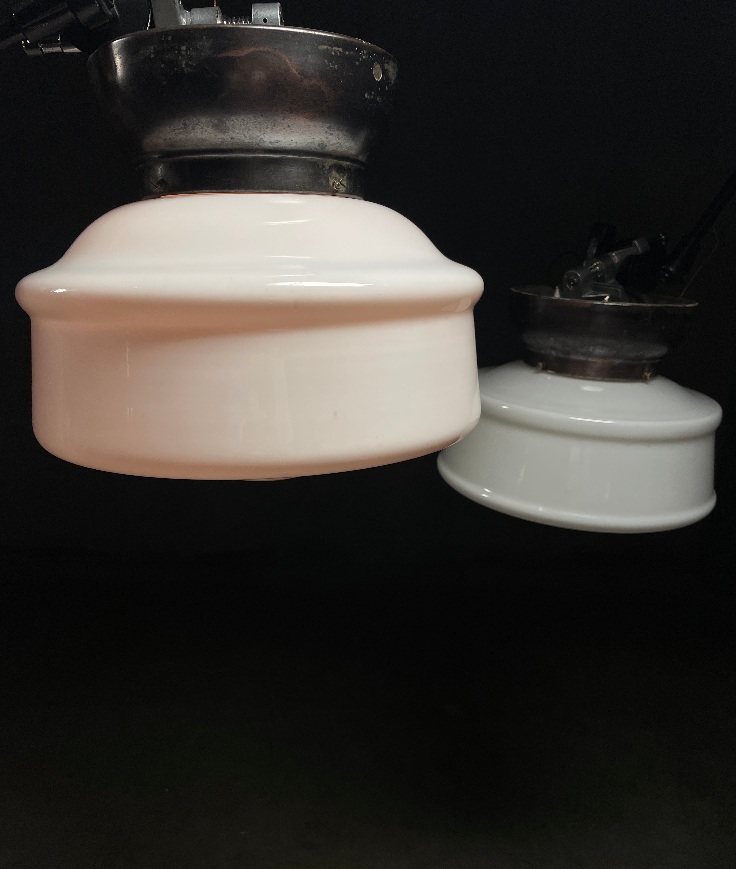 Pair of Copper Flush Mounts with Black Finish and Milk Glass Shades