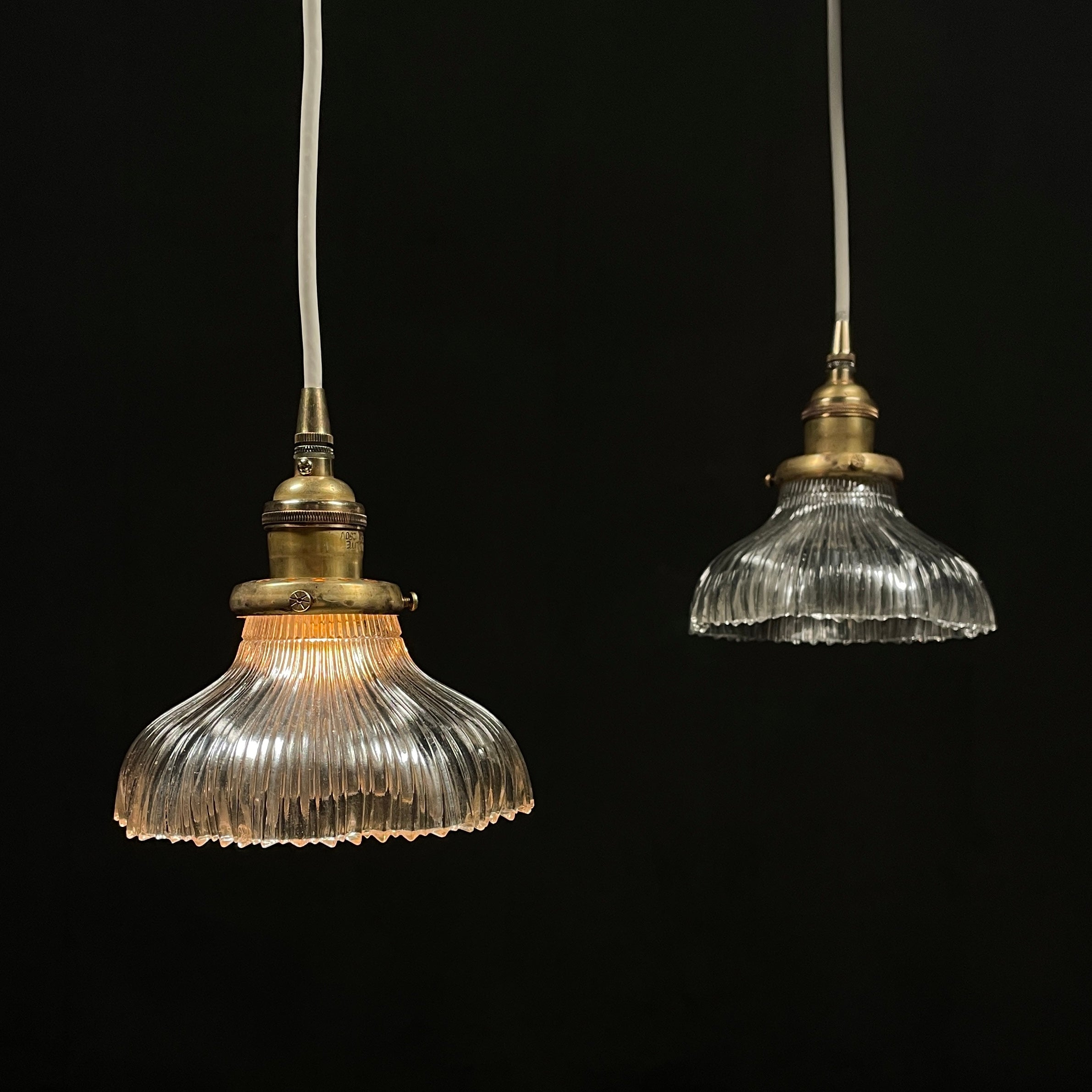 1910 Pair of Small "Franklin" Holophane Style Pendant Lights