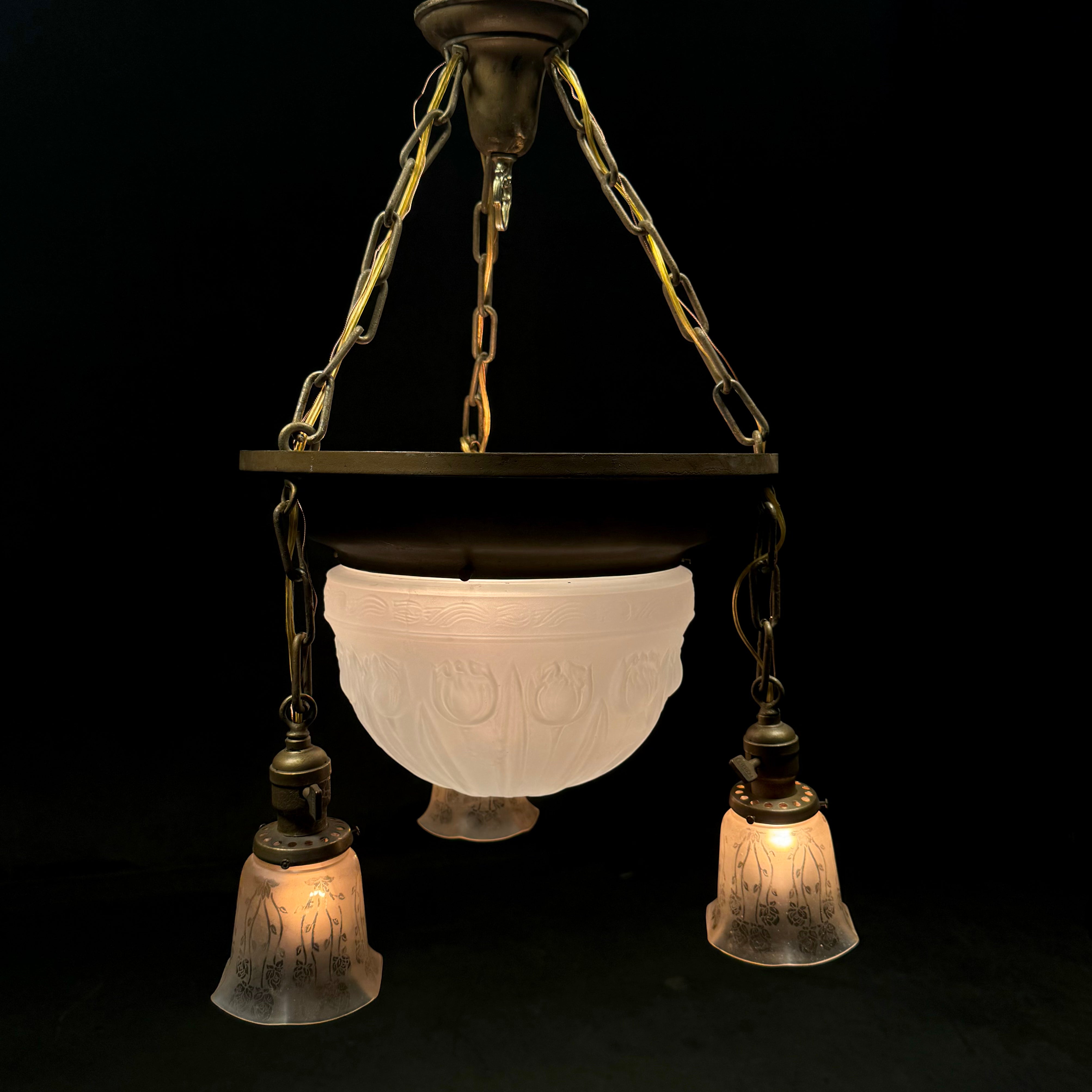 1920 Brass dome Chandelier With Etched Glass Shades