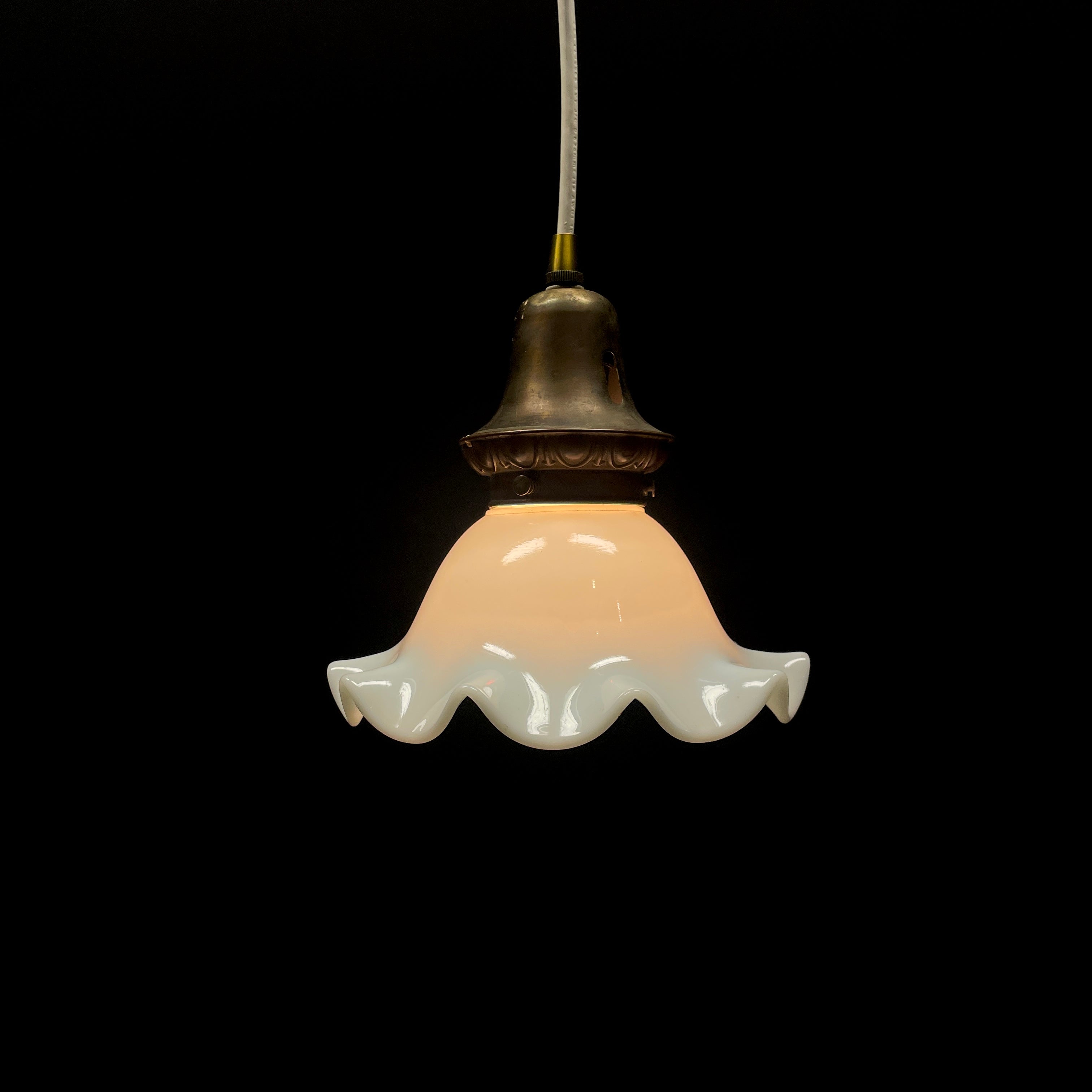 Small 1910 Single Brass Pendant Light with Unique Milk Glass Shade