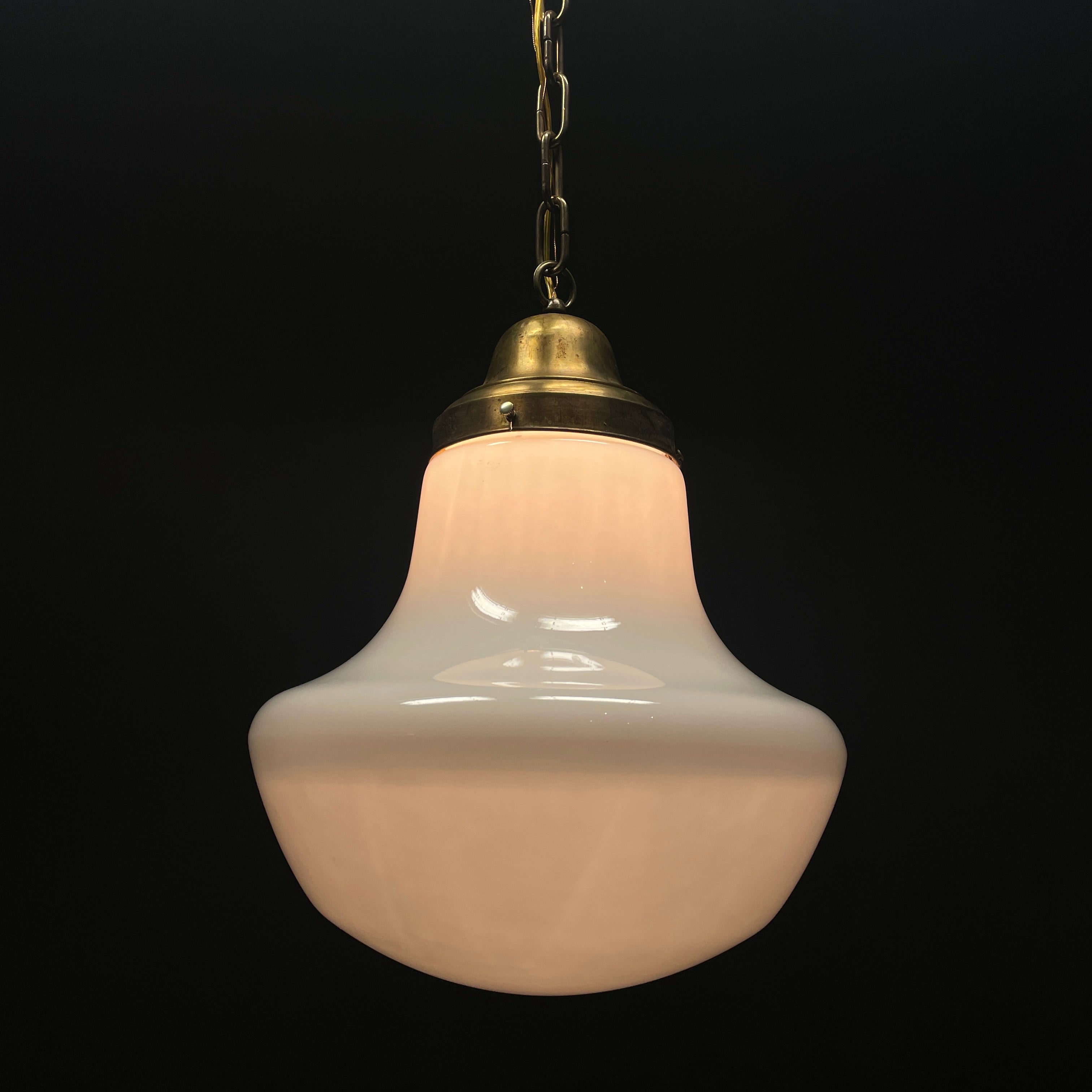 1910 Large Single Brass Pendant Light with Milk Glass Shade