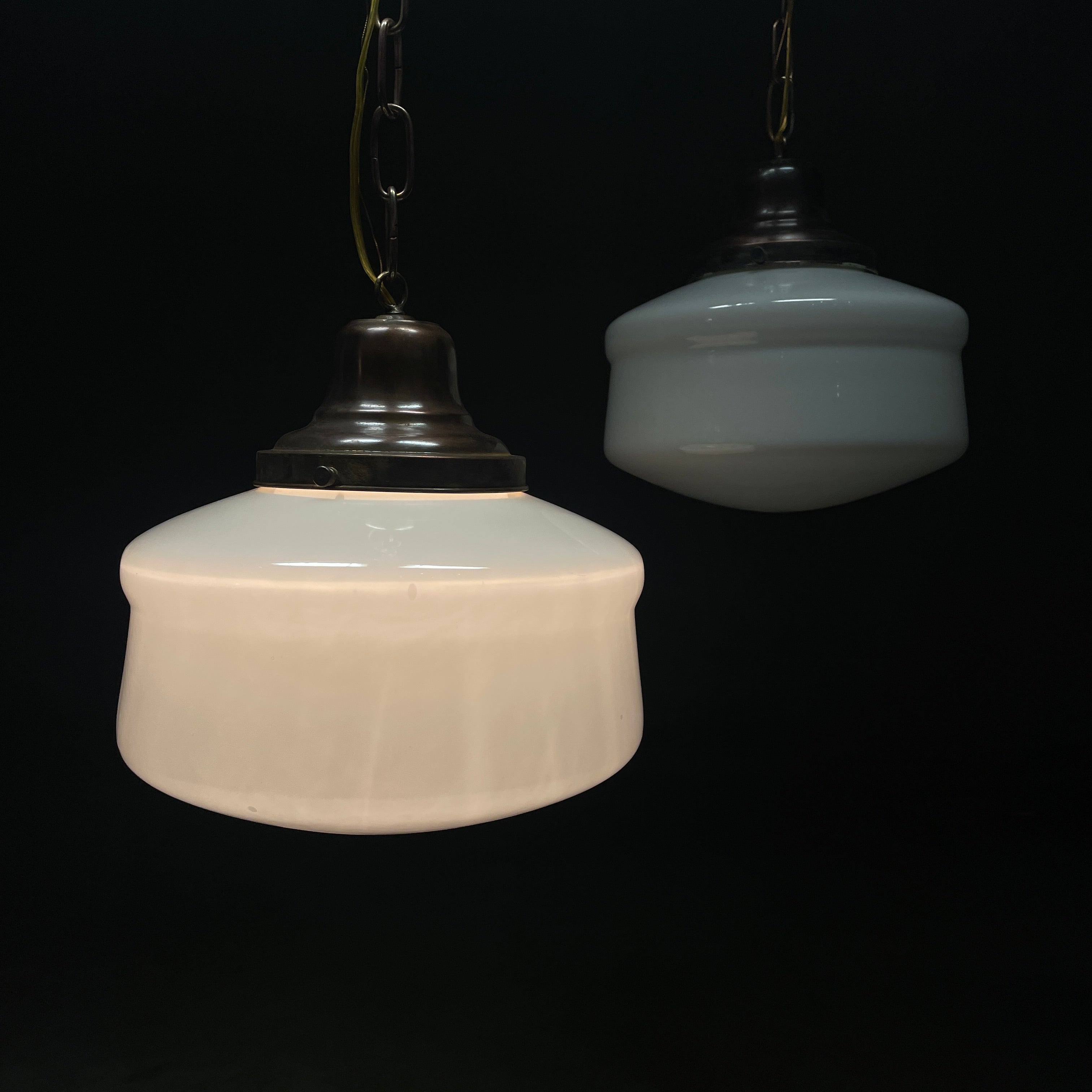 Pair of 1920 Copper Pendants with Milk Glass Shades