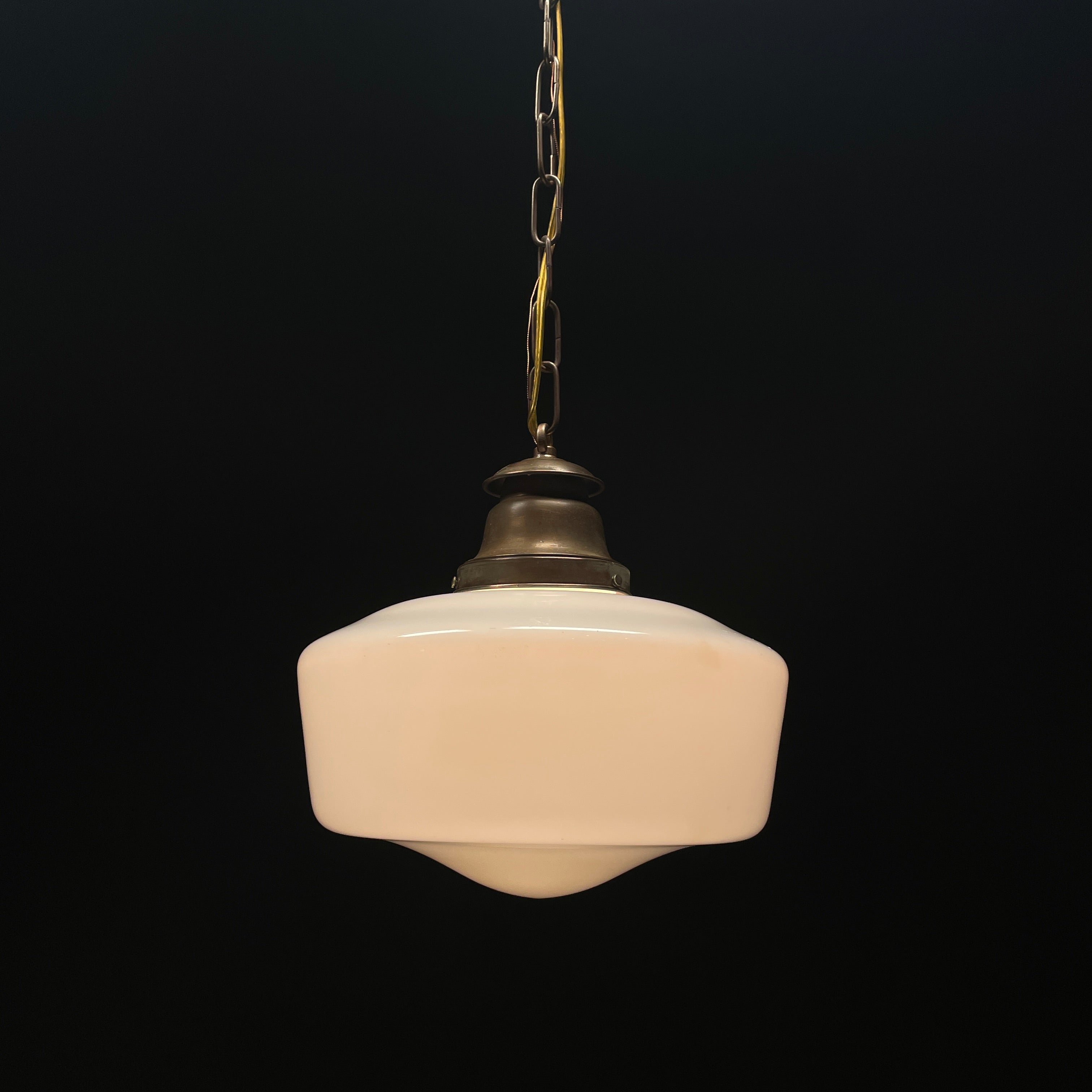 1910 Brass Single Copper Pendant with Milk Glass Shade