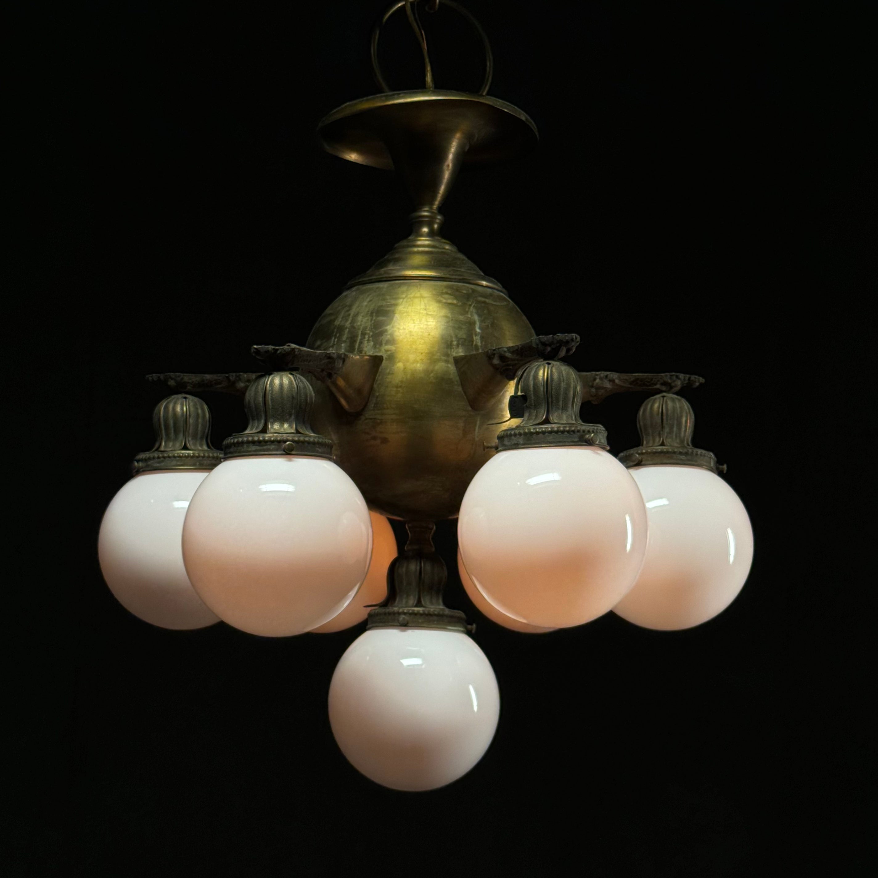 1910 Grand Brass Pendant Lights Multi Arm Chandeliers