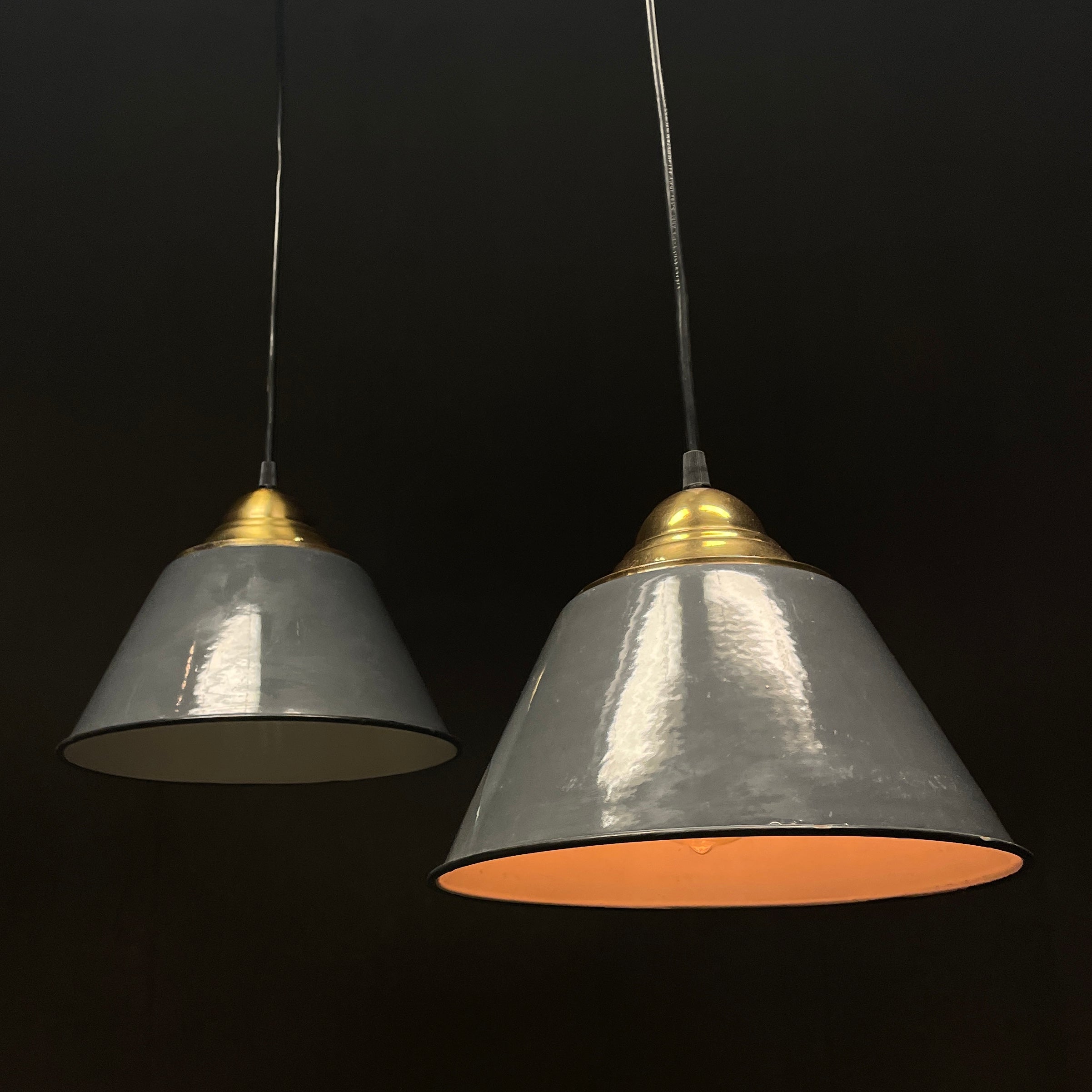 1950 Nautical Grey Enamel Pendant Lights with Brass Details