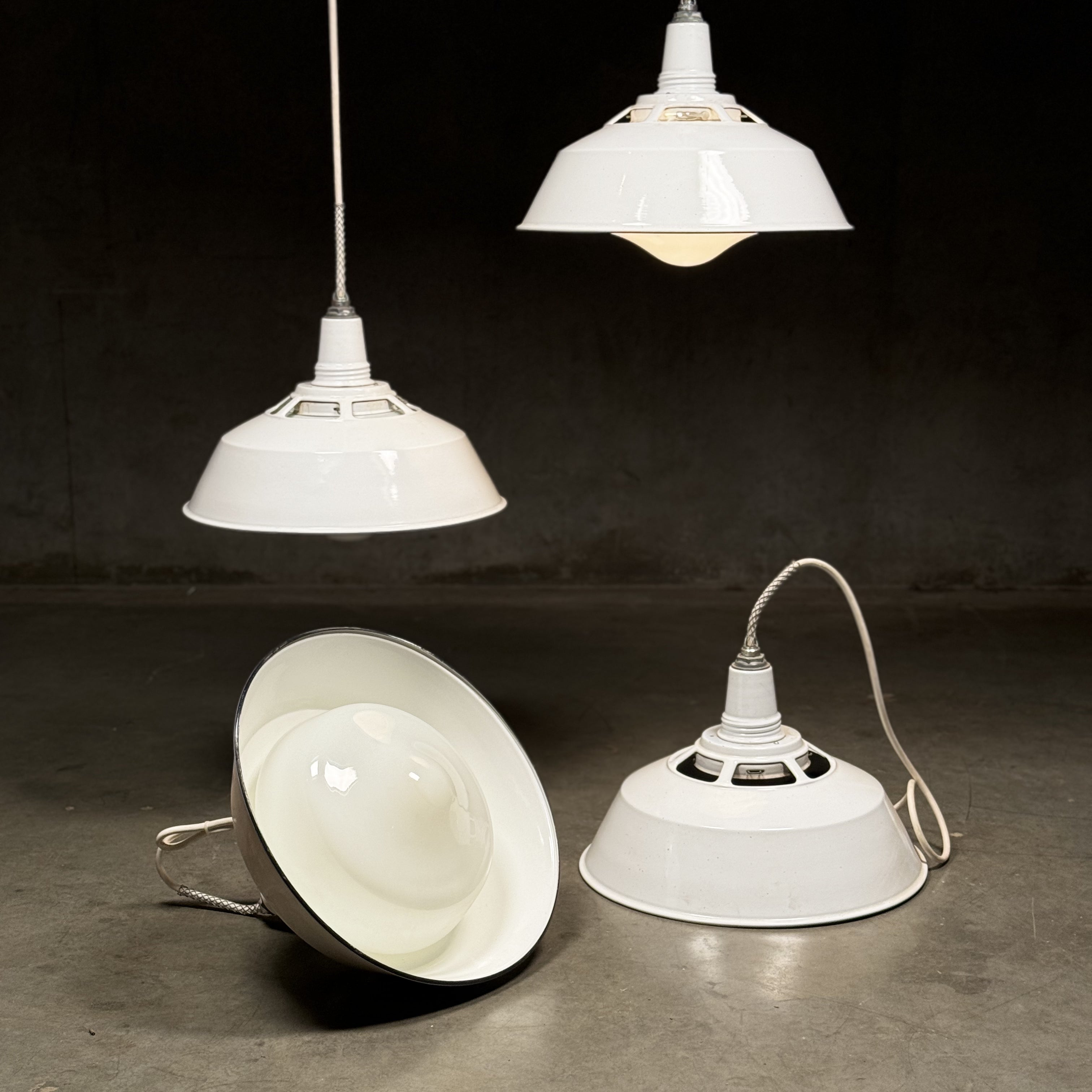 1930 White Enamel Industrial Pendant Lights