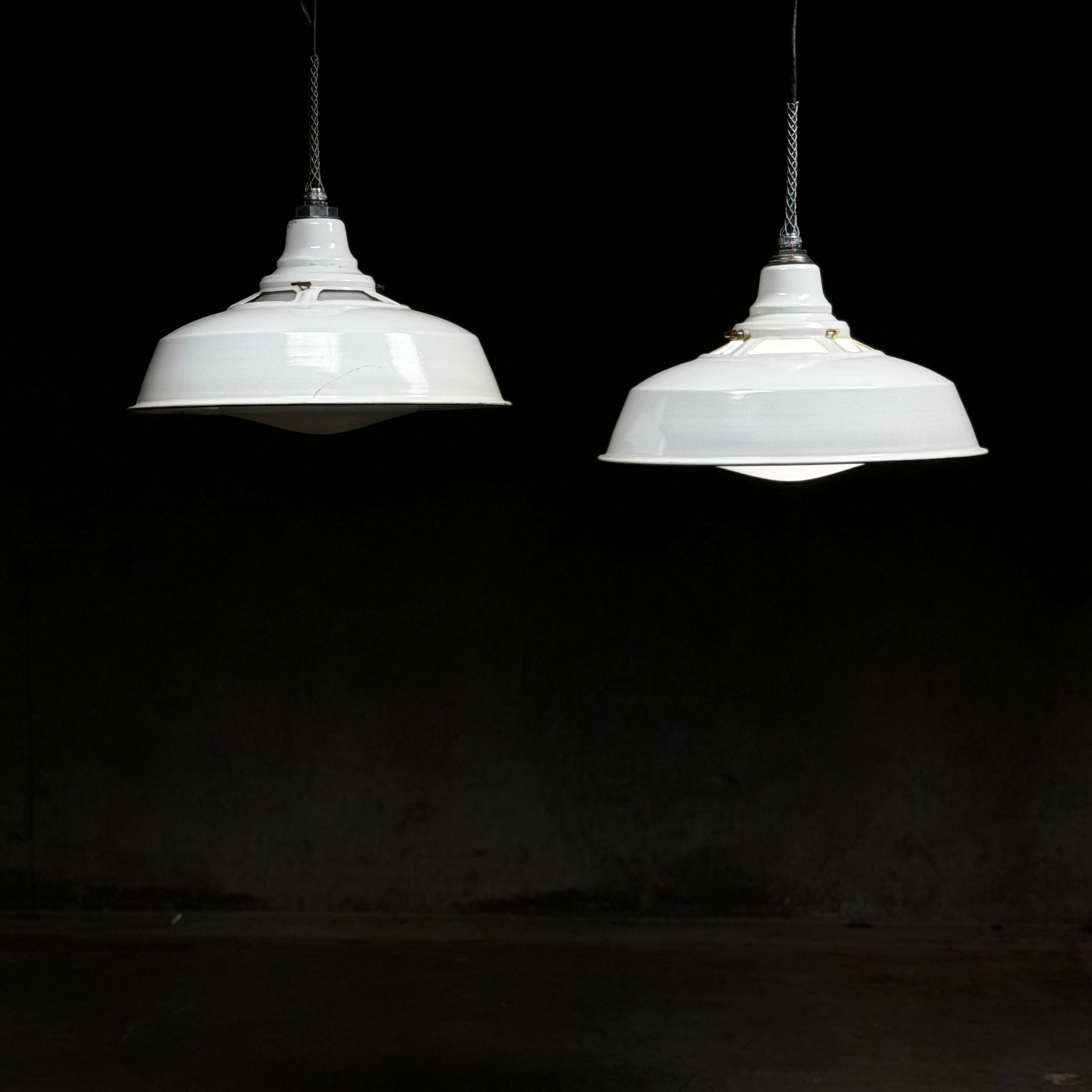 1940 rare Industrial White Enamel Pendant Light