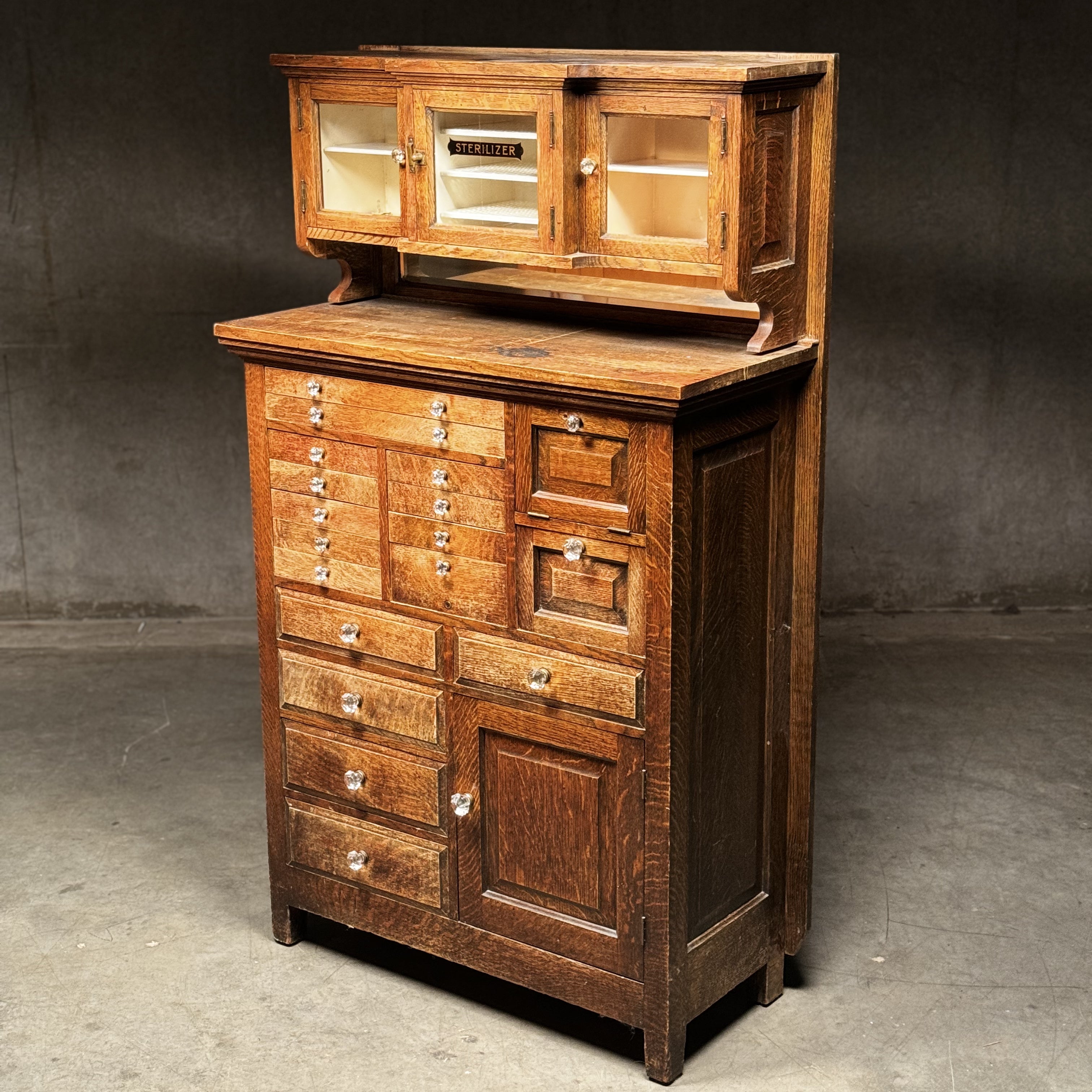 Antique Tiger Oak Apothecary Dental Cabinet