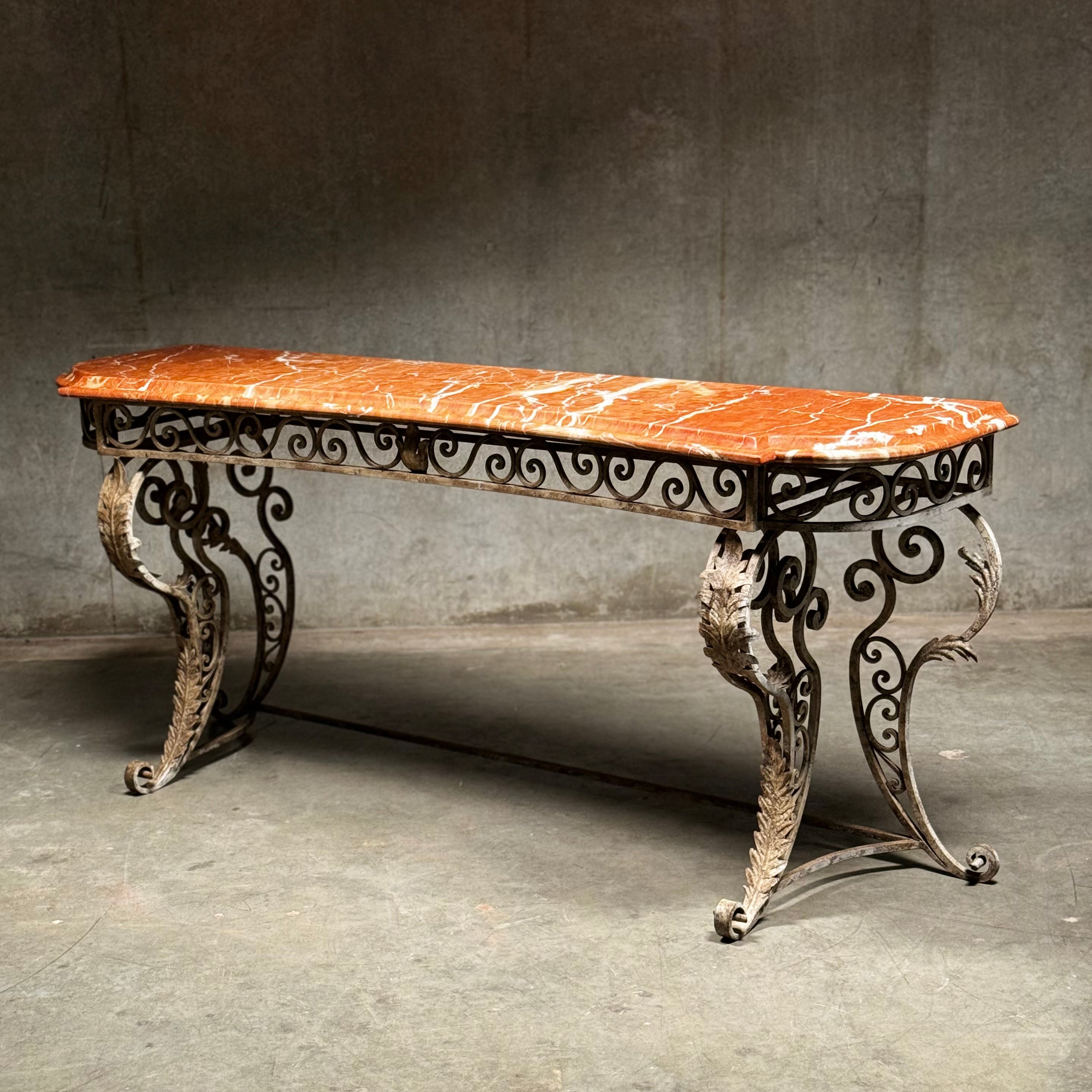 20th C French Marble Wrought Iron Console Table