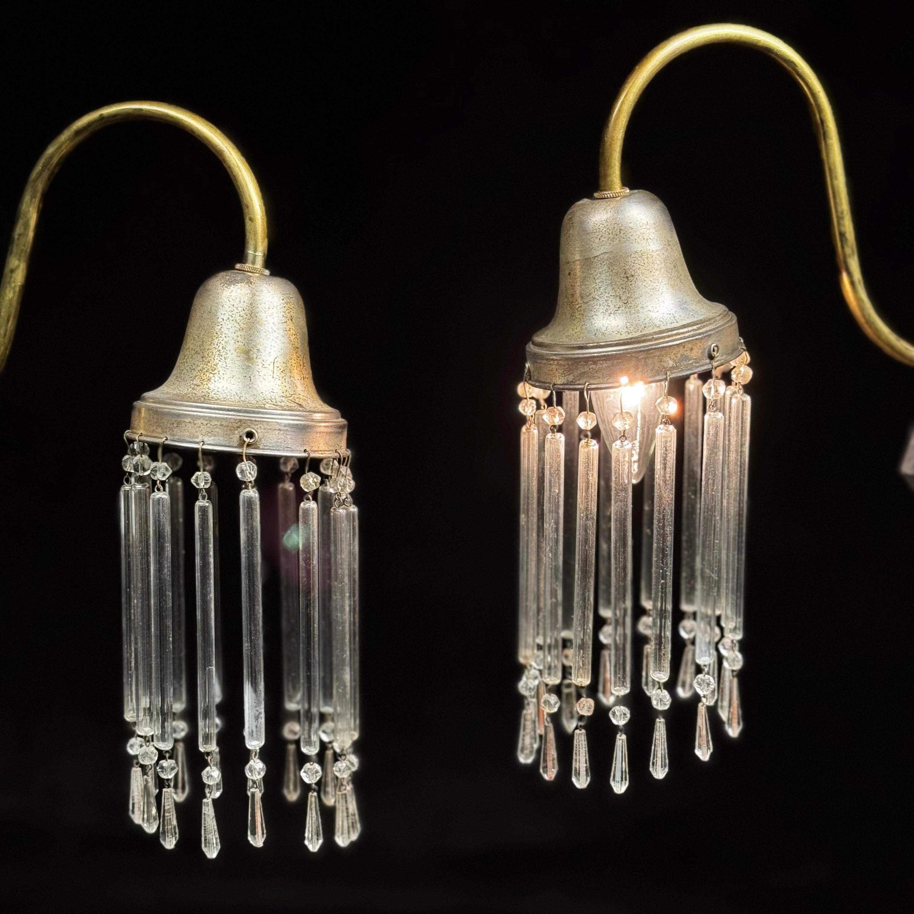 1910 Brass & Crystal Glass Wall Sconce Lights