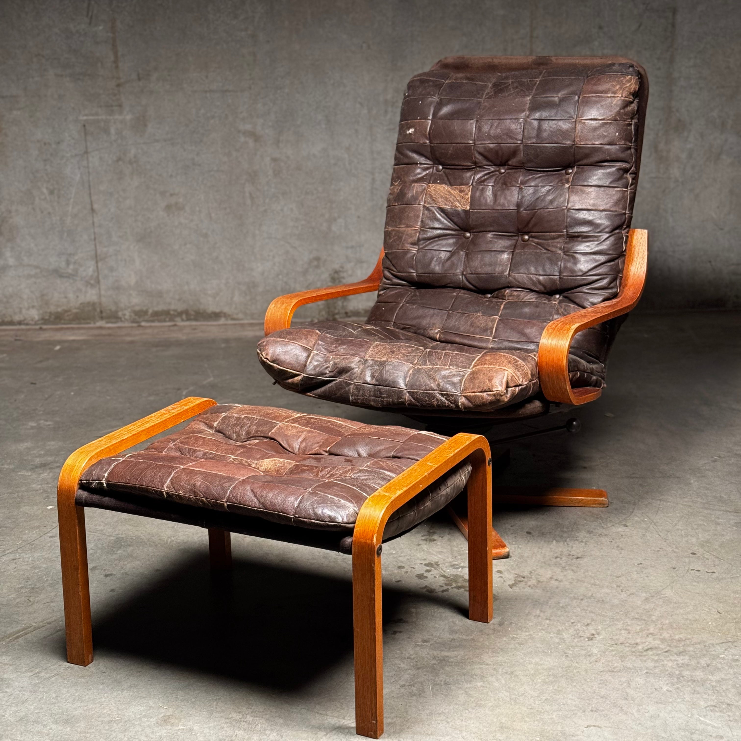 1960's Norwegian Westnofa Brown Leather Recliner & Ottoman Set