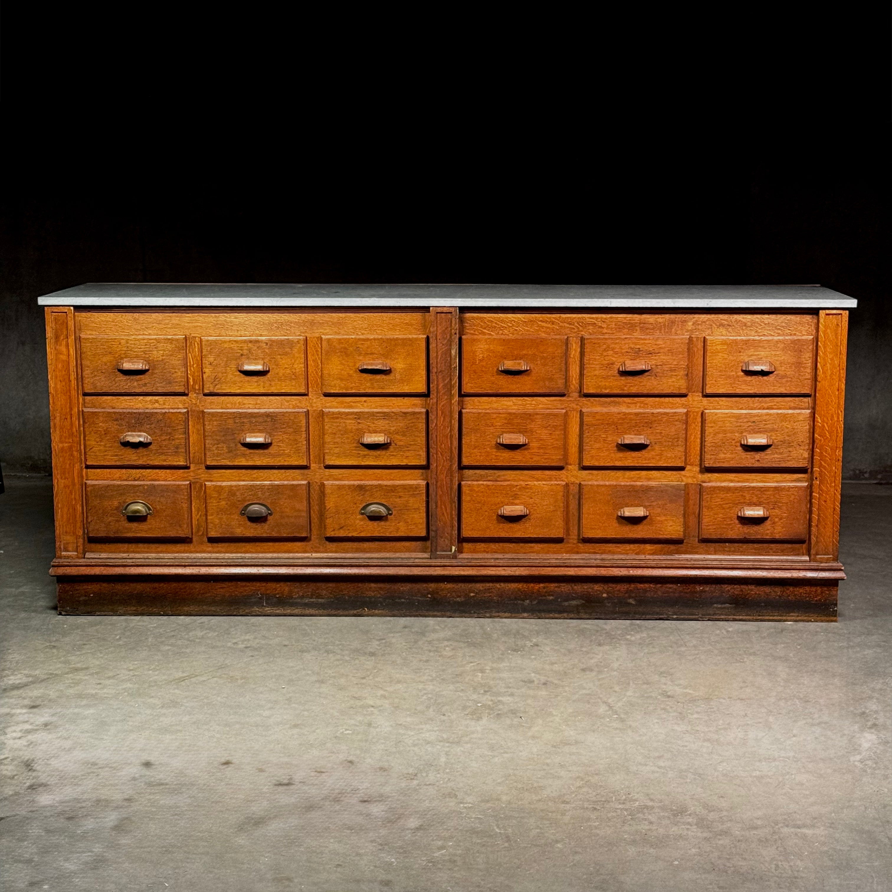 1910 Mercantile Cigar Store Multi Drawer Unit With Stone Top