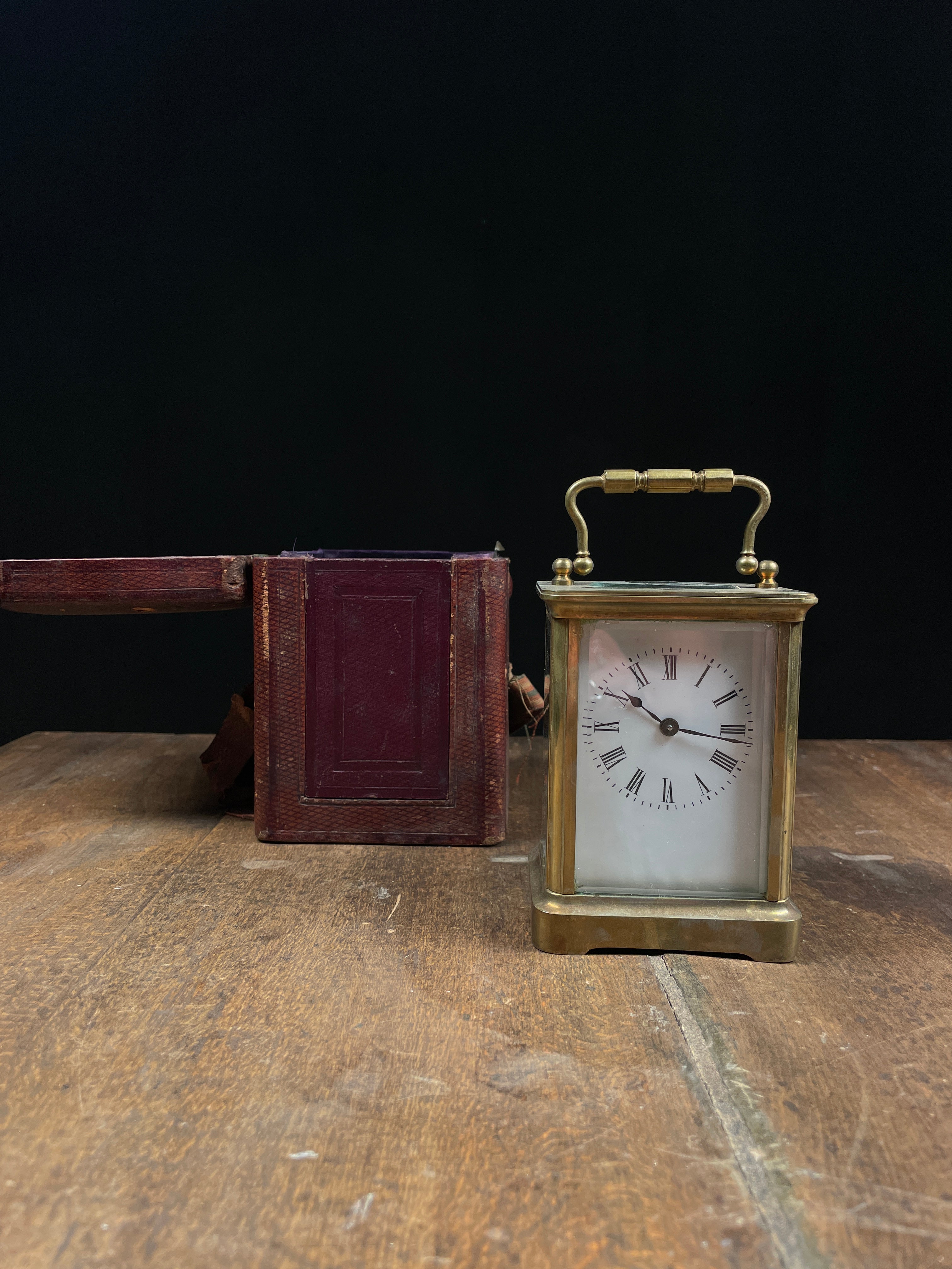 19th Century Victorian English Carriage Travel Clock in Leather Case with Key