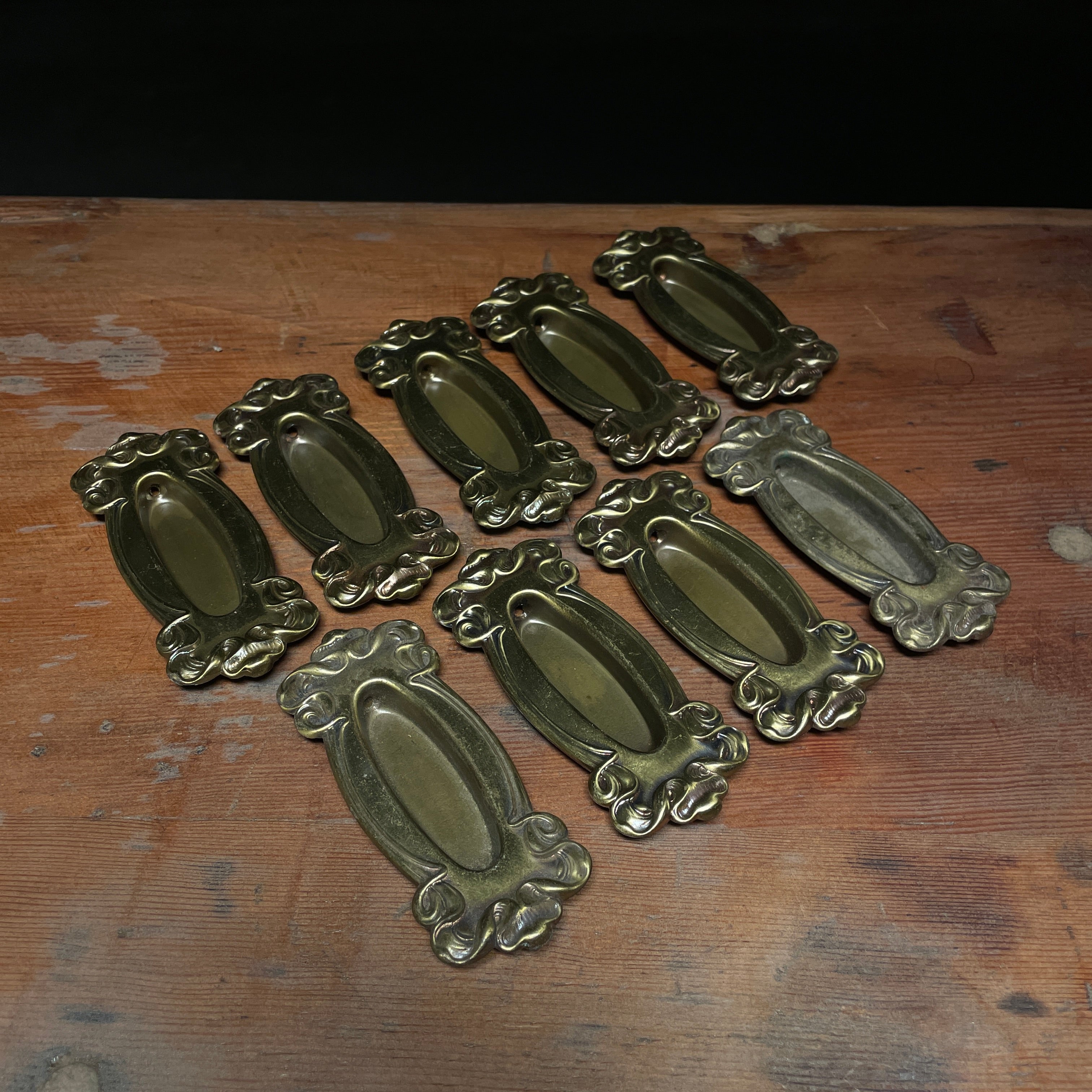 1920 Art Nouveau Alby Pattern Window Sash Recessed Brass Pulls