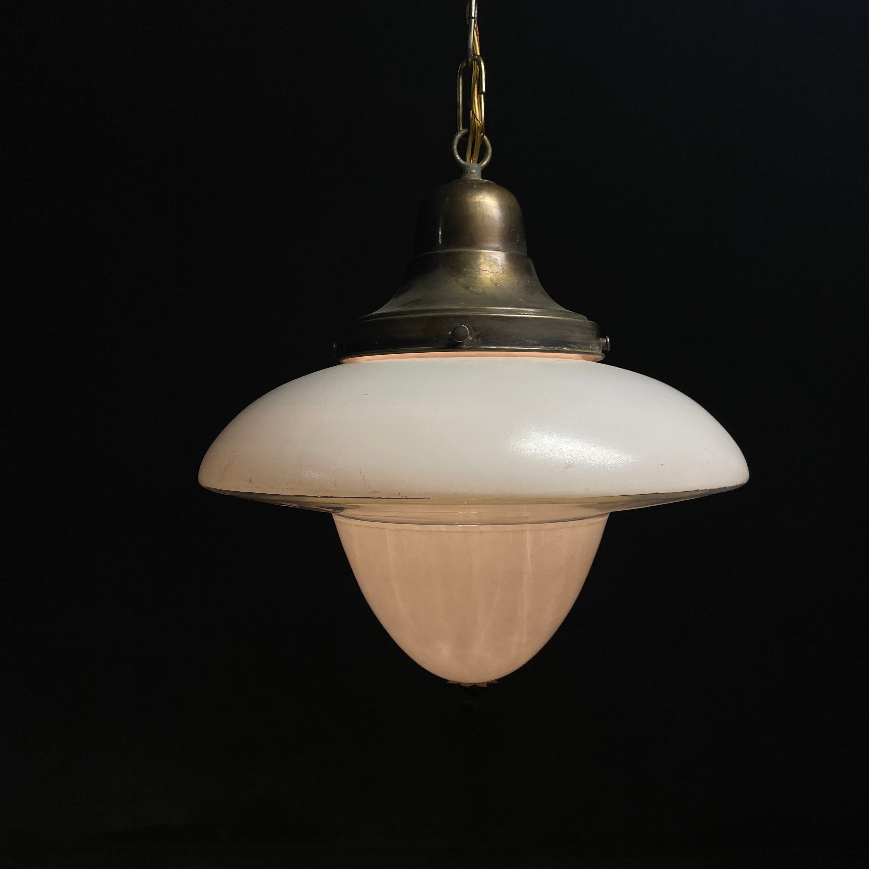 1920 Brass Pendant with Unique Glass and Milk Glass Shade