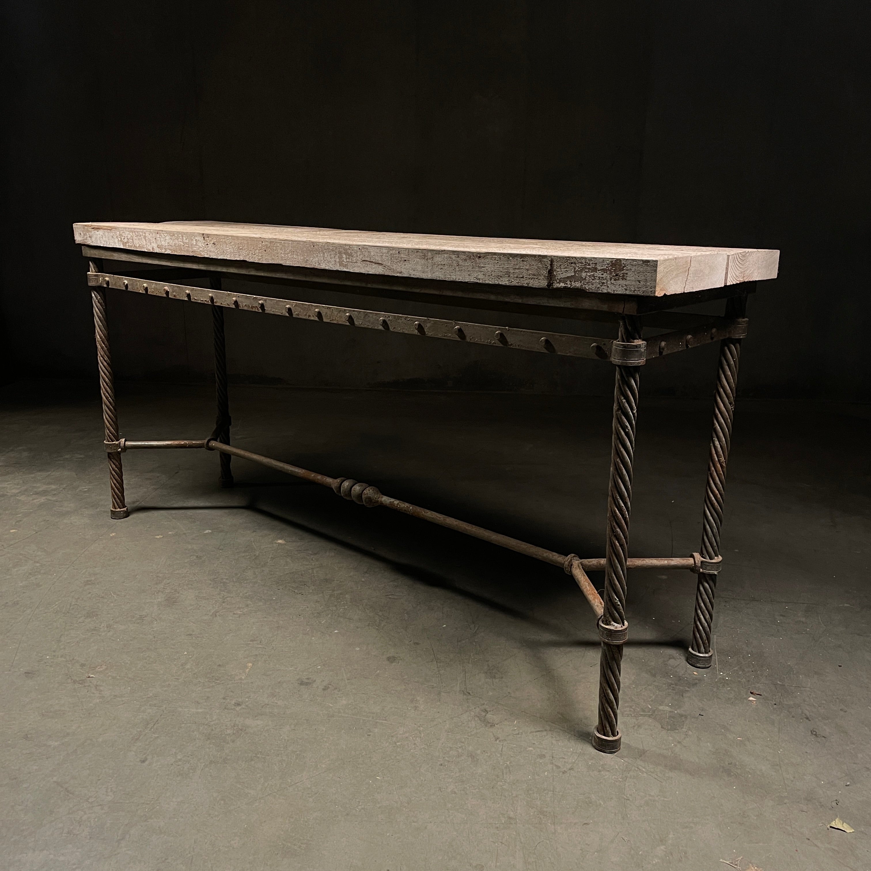 Cast Iron Console Table with Reclaimed White Washed Wood Top