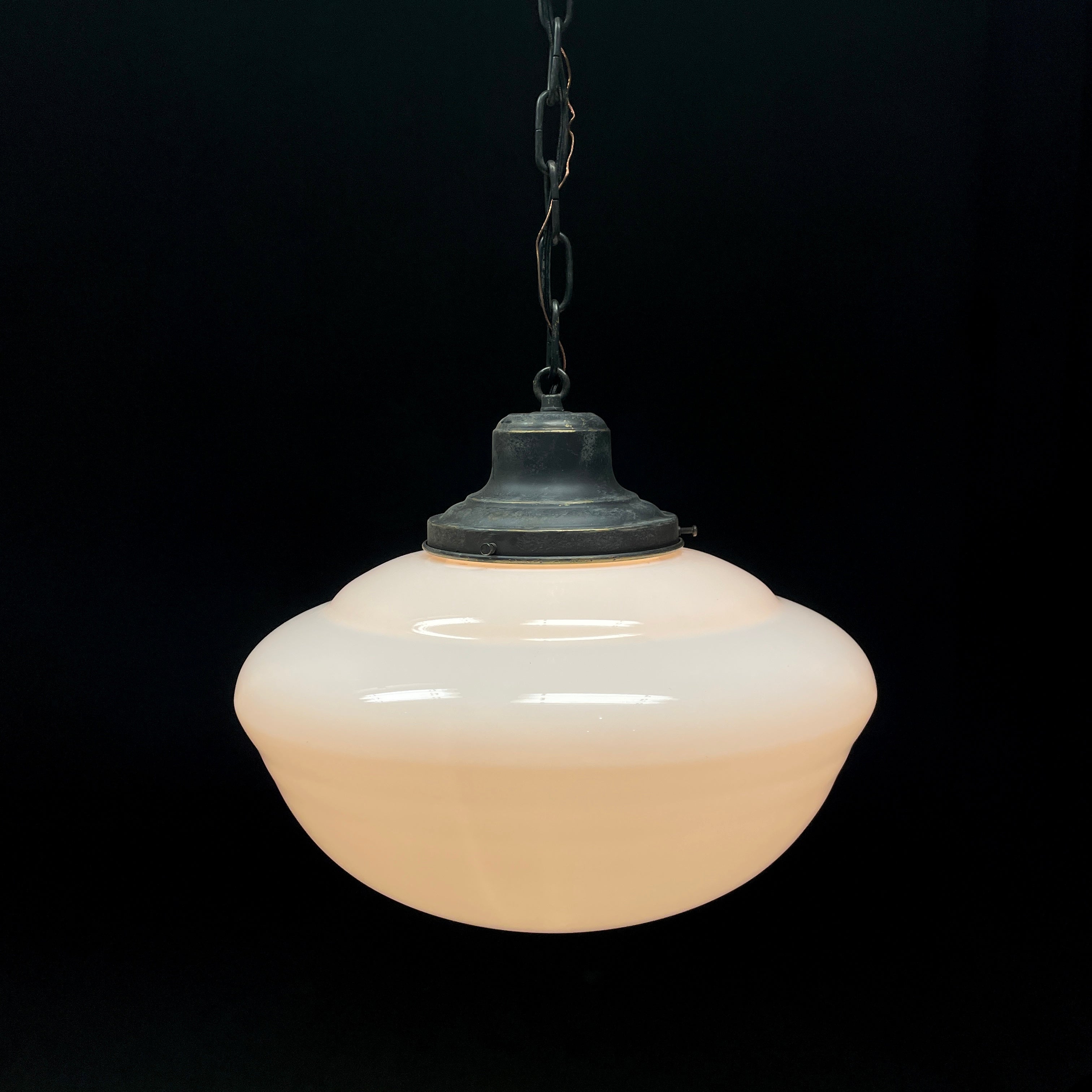 Brass Pendant with Black Finish and Milk Glass Schoolhouse Shade