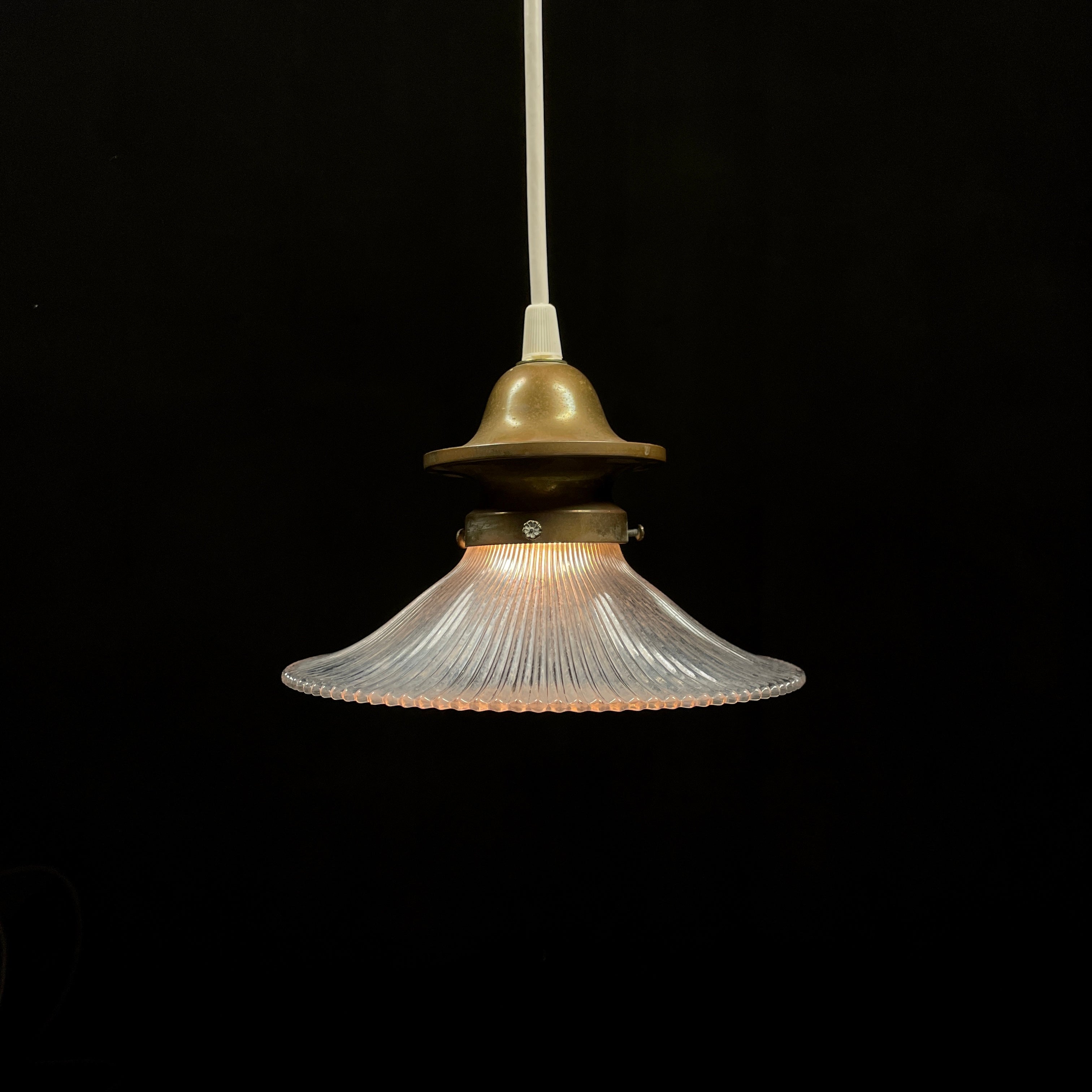 1920 Small Single Holophane Pendant Saucer Light on Brass Fitter