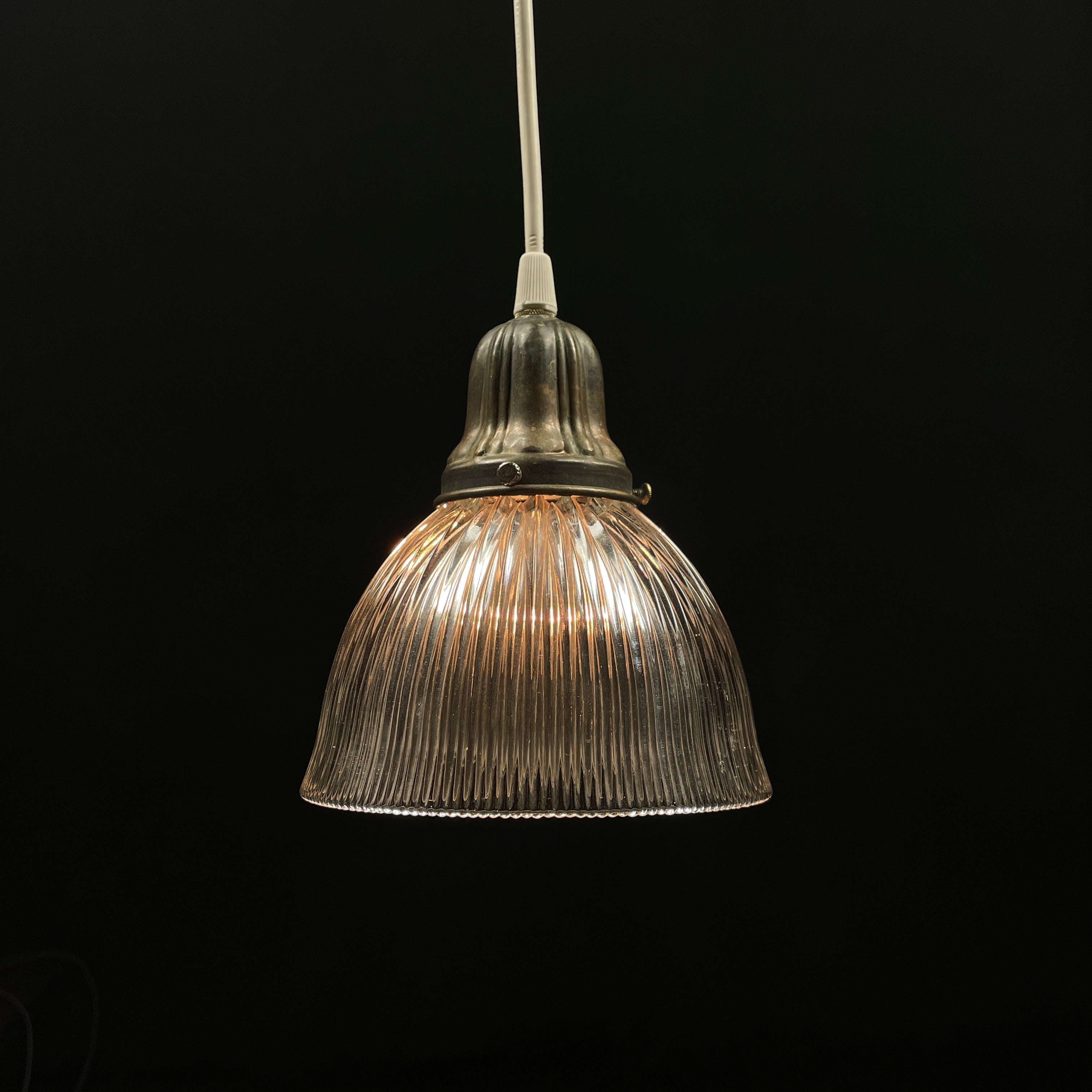 1930 Single Small Holophane Pendant Light on Brass Fitter