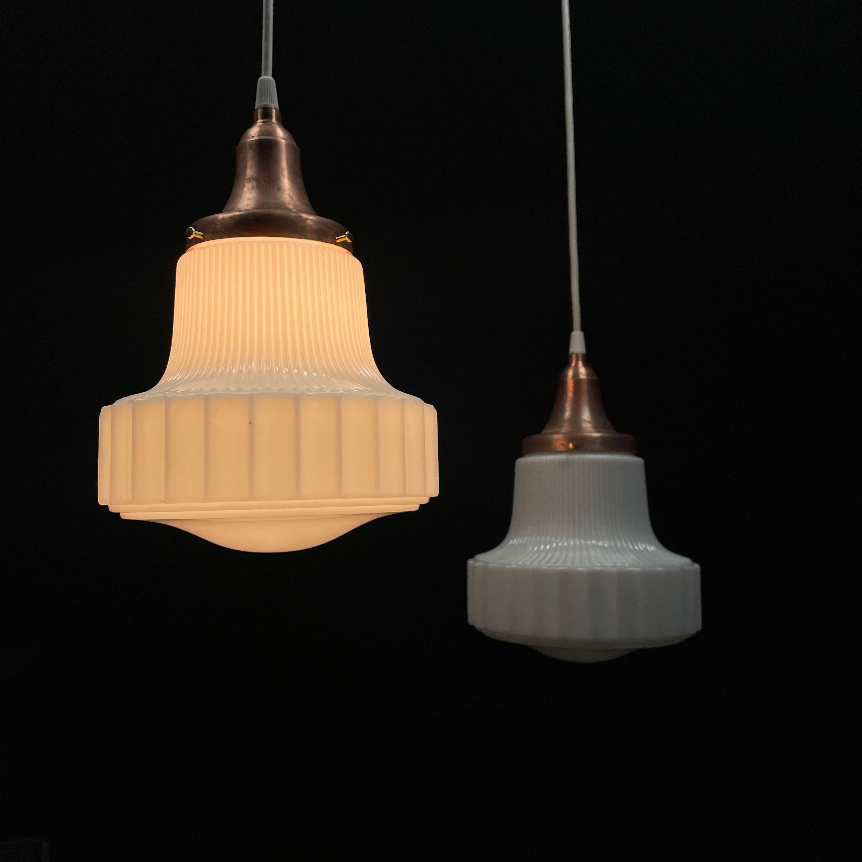 1920 Pair of Art Deco Pendant Lights with Copper Fitters