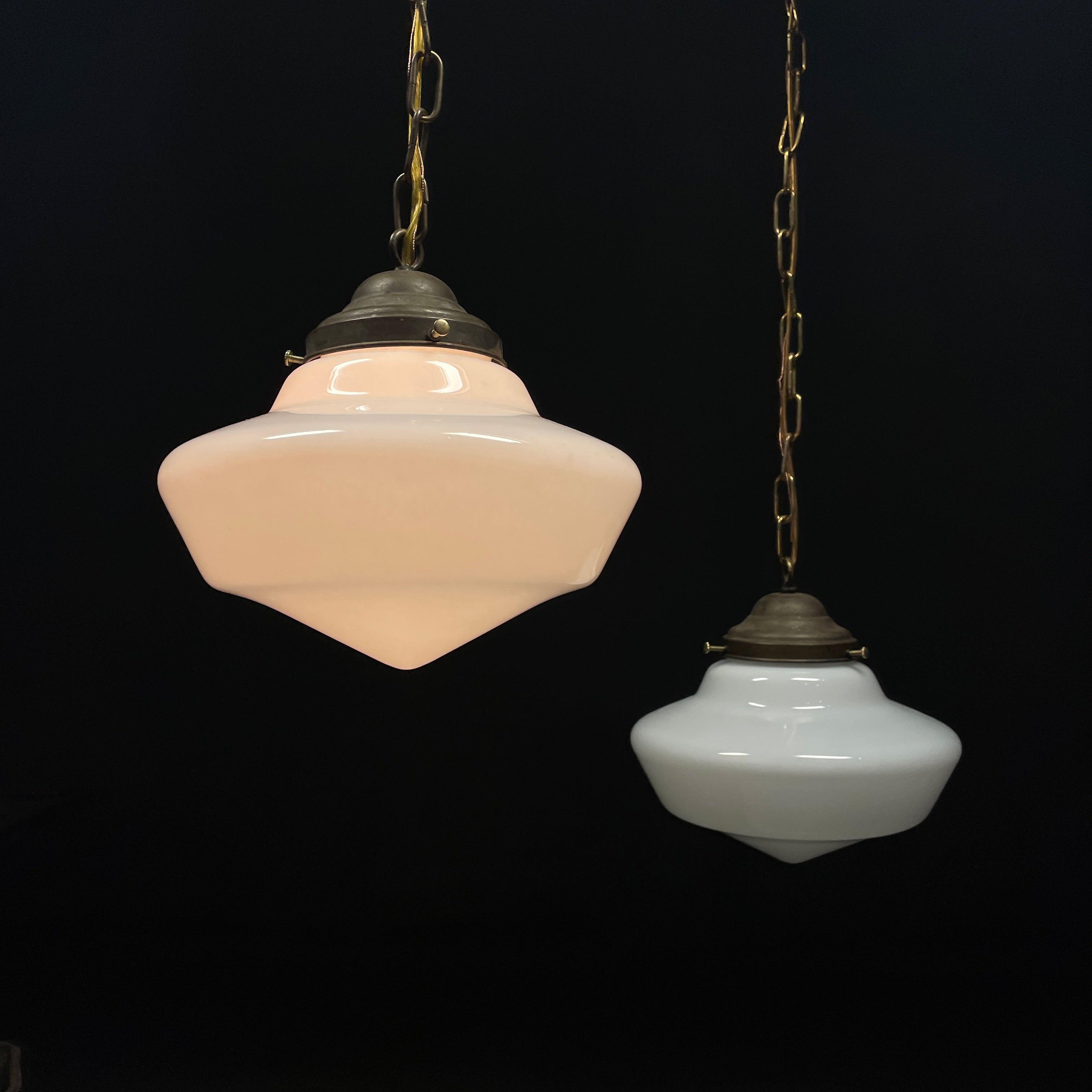 1920 Pair of Milk Glass Pendant Lights with Brass Fitters and Chain