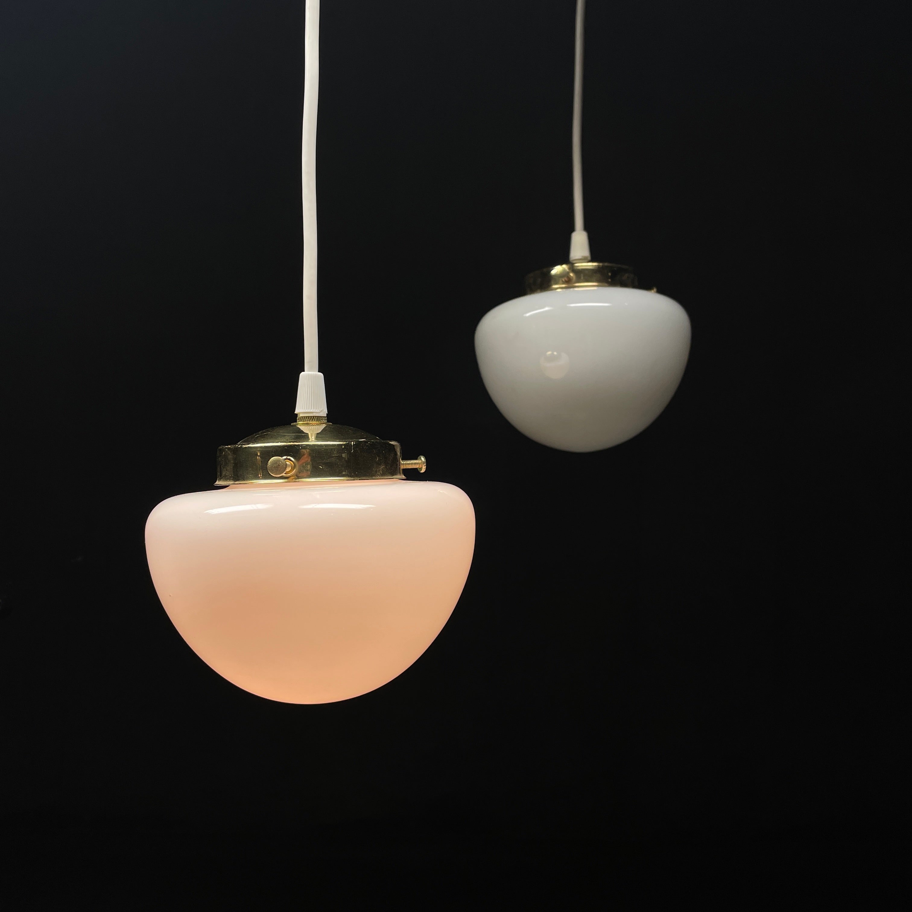 Pair of Small Brass Pendants with Milk Glass Shades