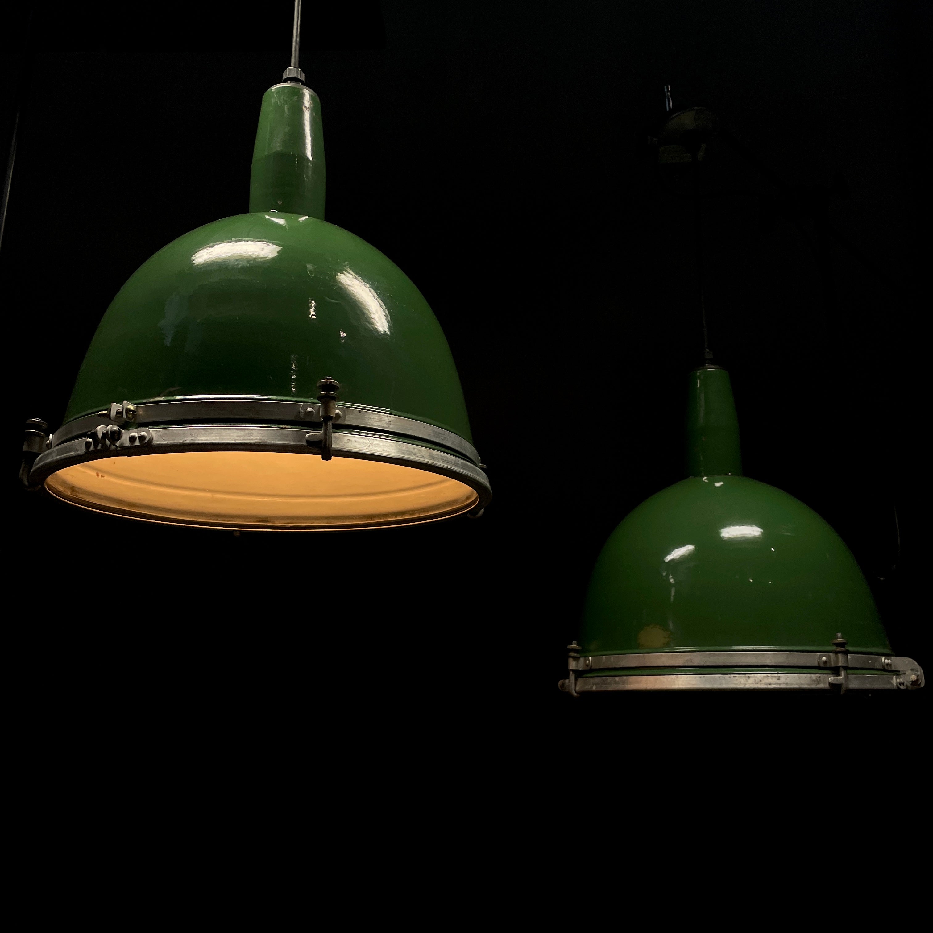 1940 Group of Large Enamel Industrial Pendant Lights