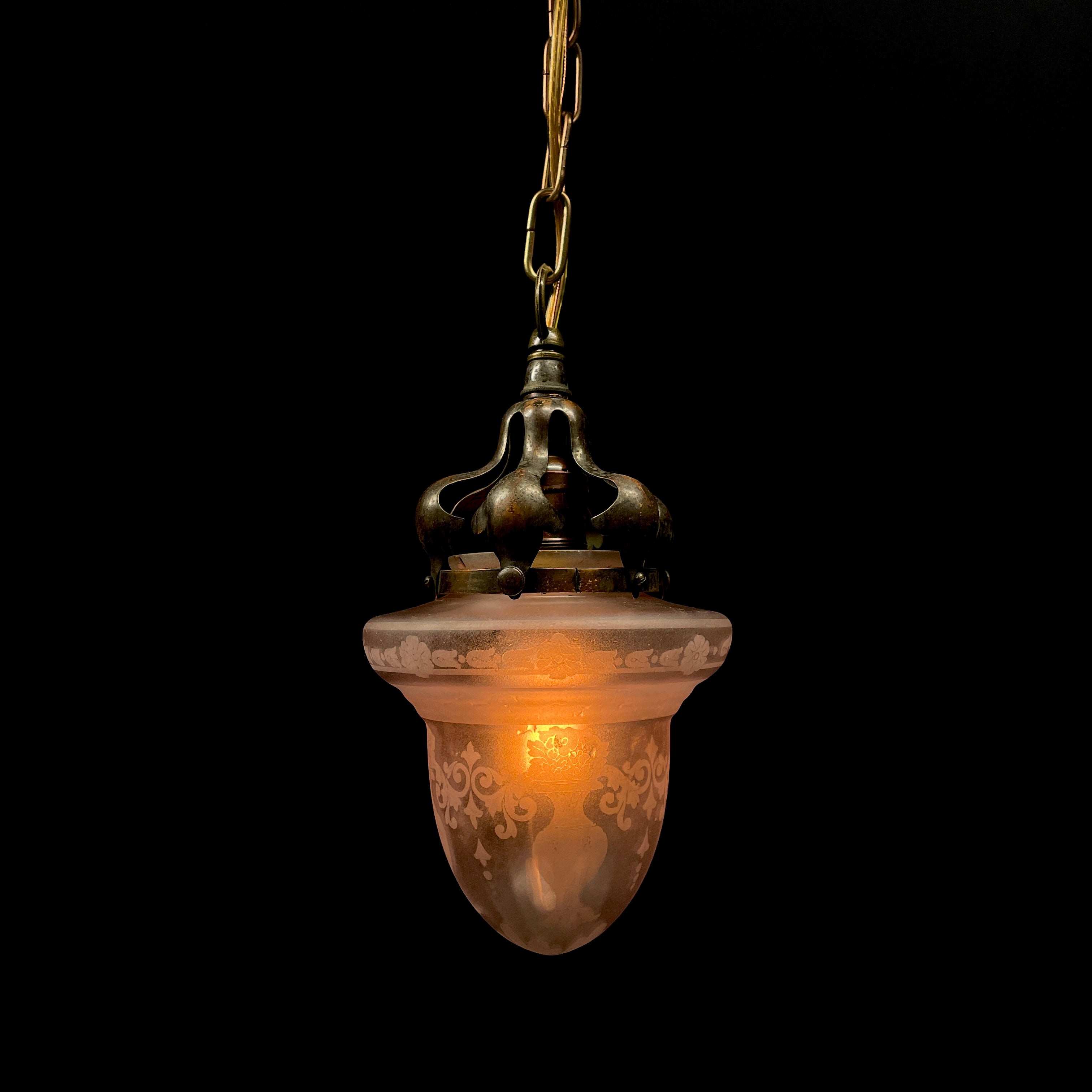 Single Small Copper Pendant with Decorative Frosted Glass Shade