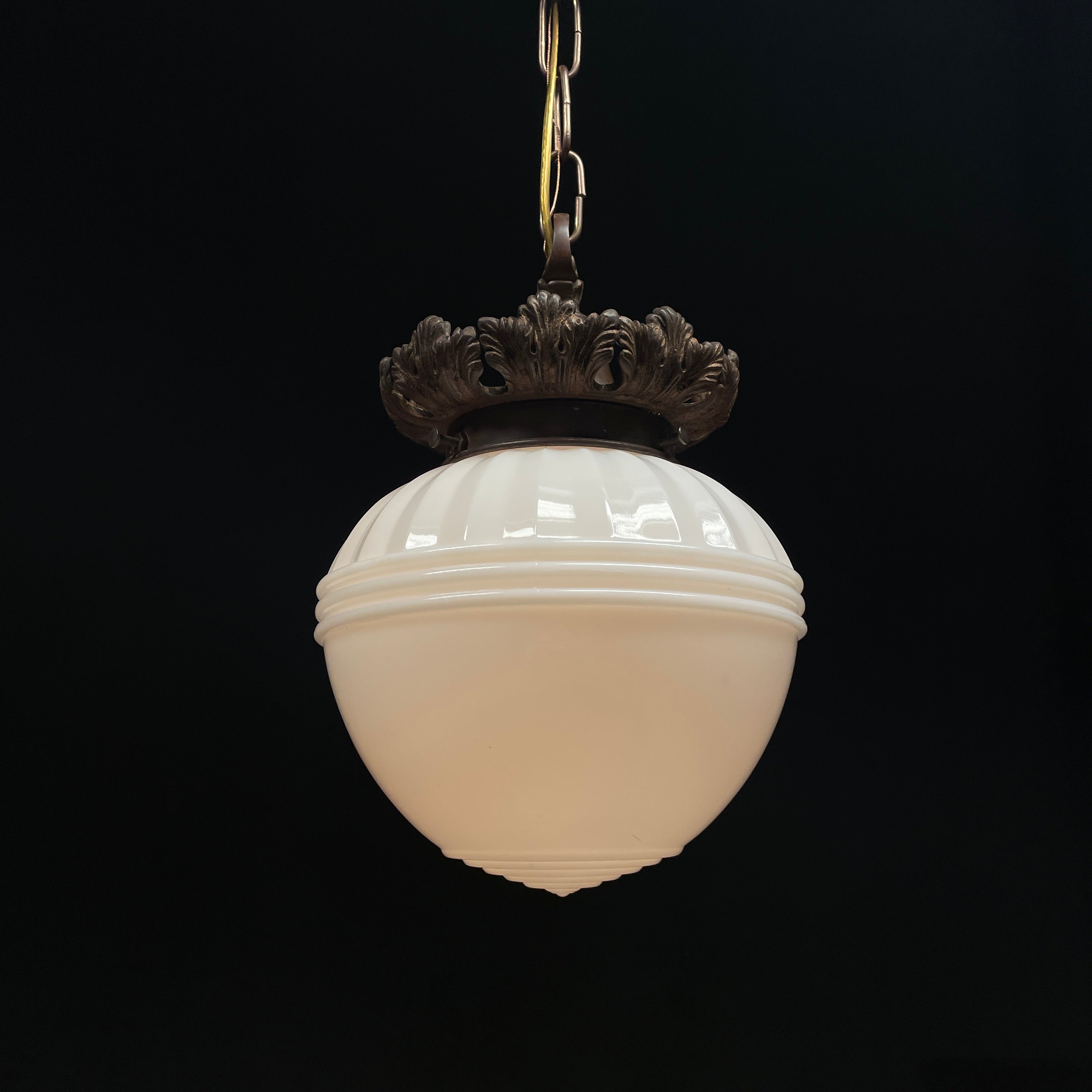 1920 Unique Brass Pendant Light with Milk Glass Shade