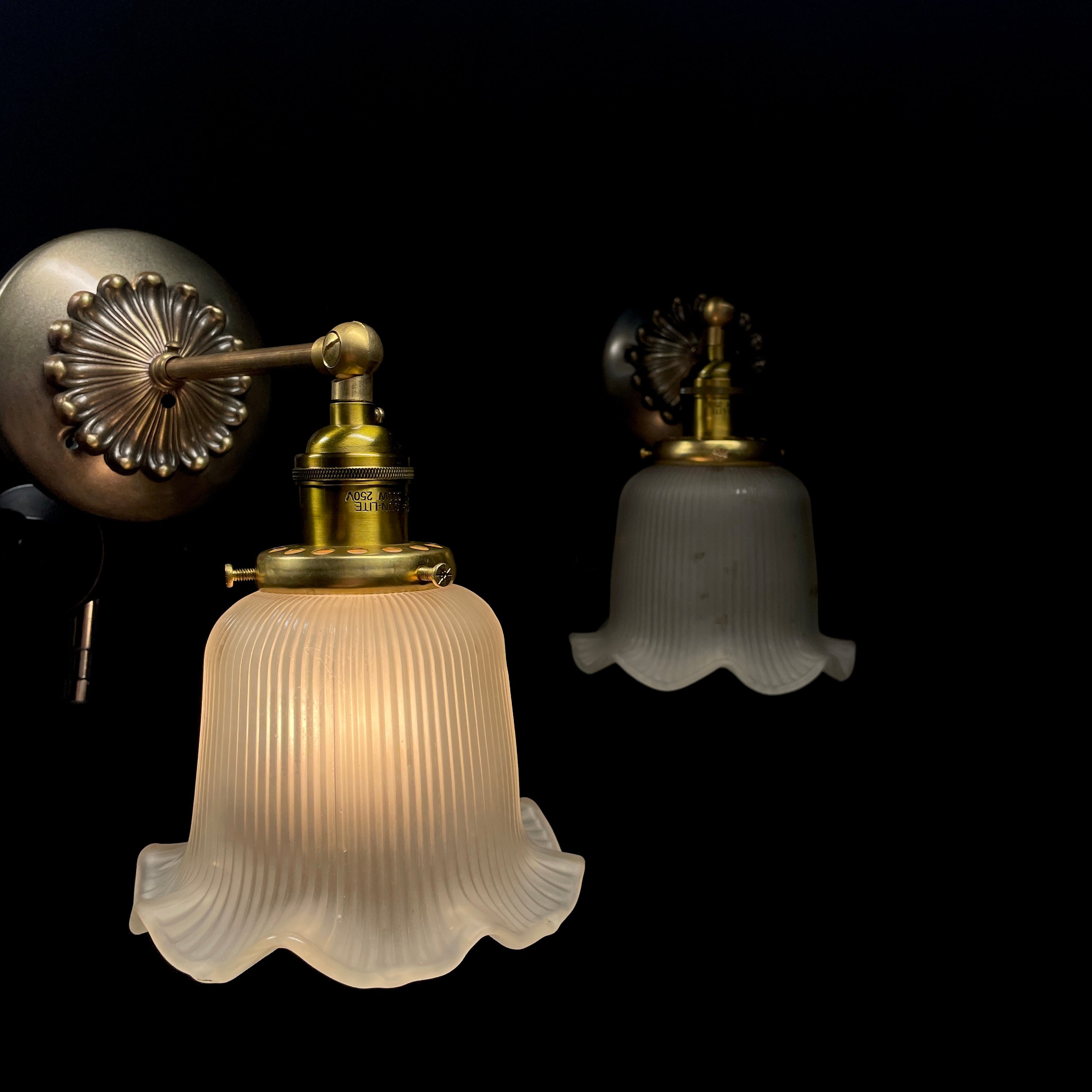 Pair of Brass 1930 Sconces with Decorative Frosted Glass Shades