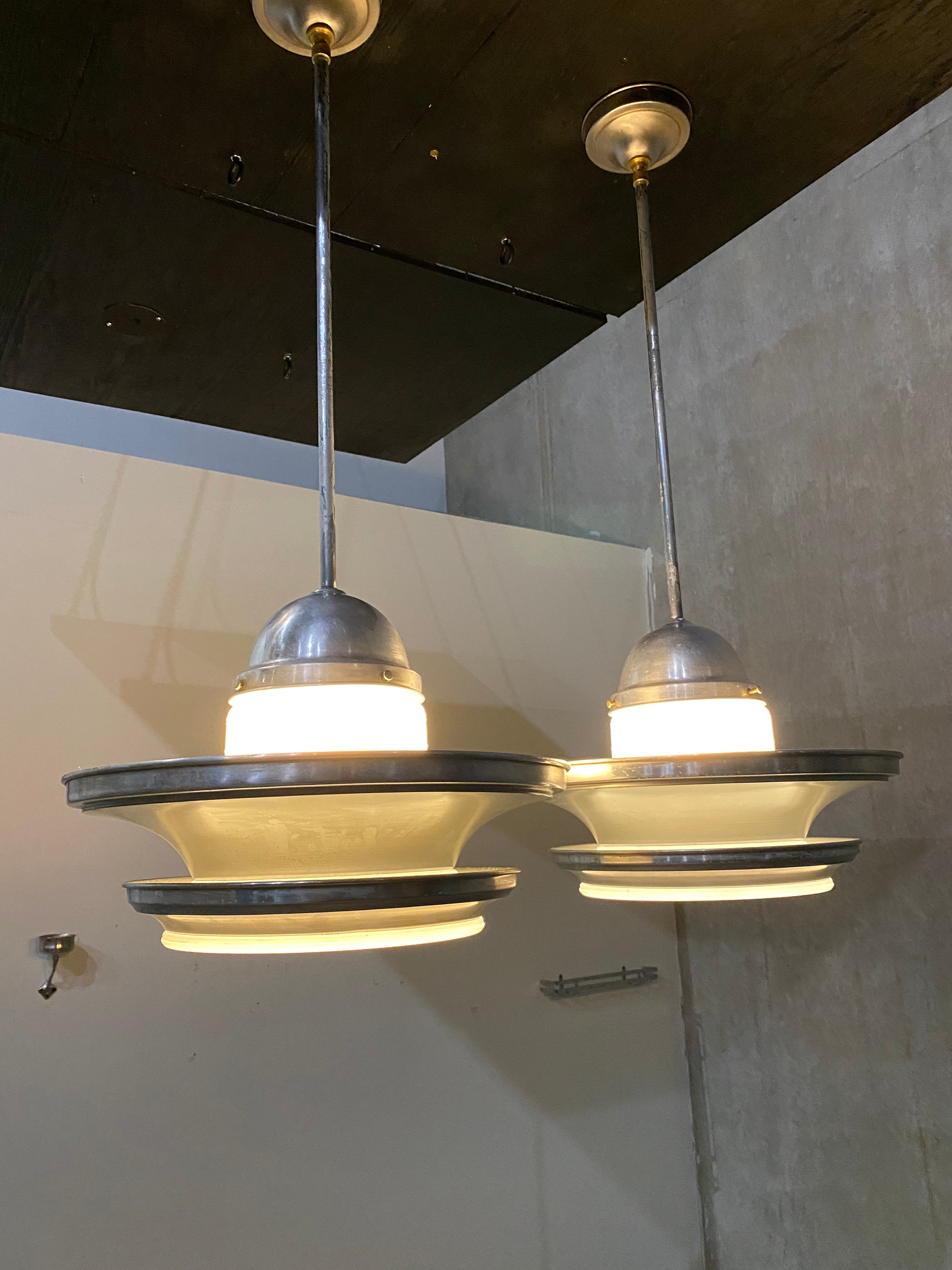 1920 rare deco  glass aluminum pendant lights