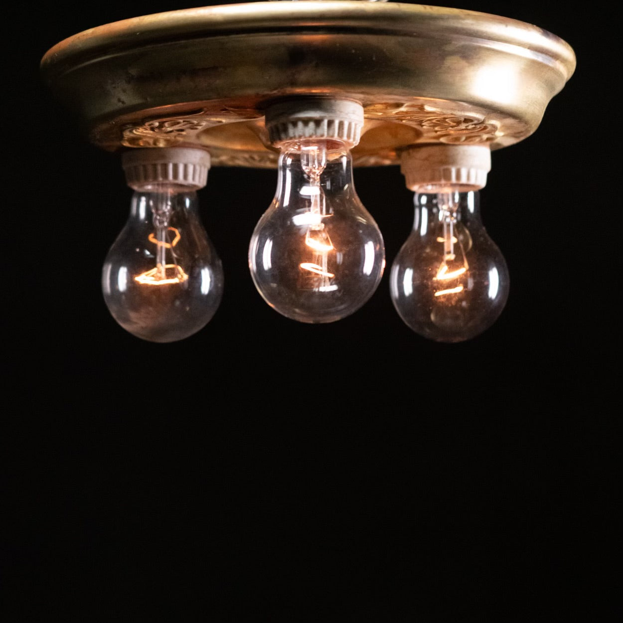 1930 Brass Flush Mount 3 Bulb Ceiling Light