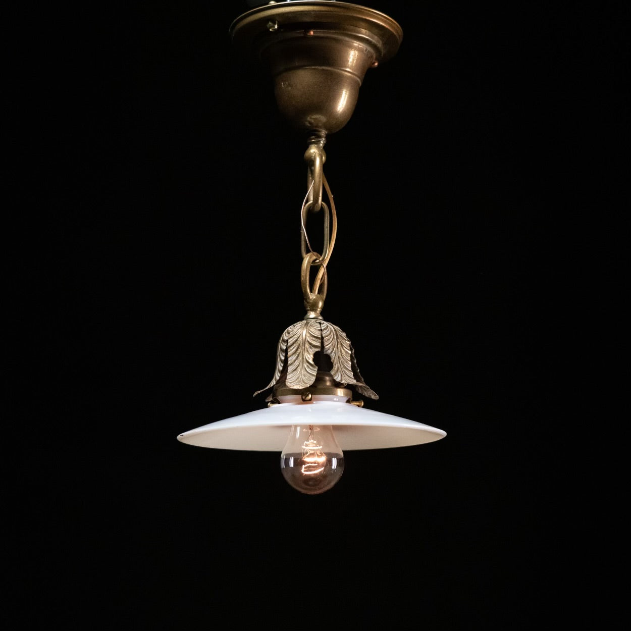 1910 Petite Brass Pendant Light with Milk Glass Saucer Shade