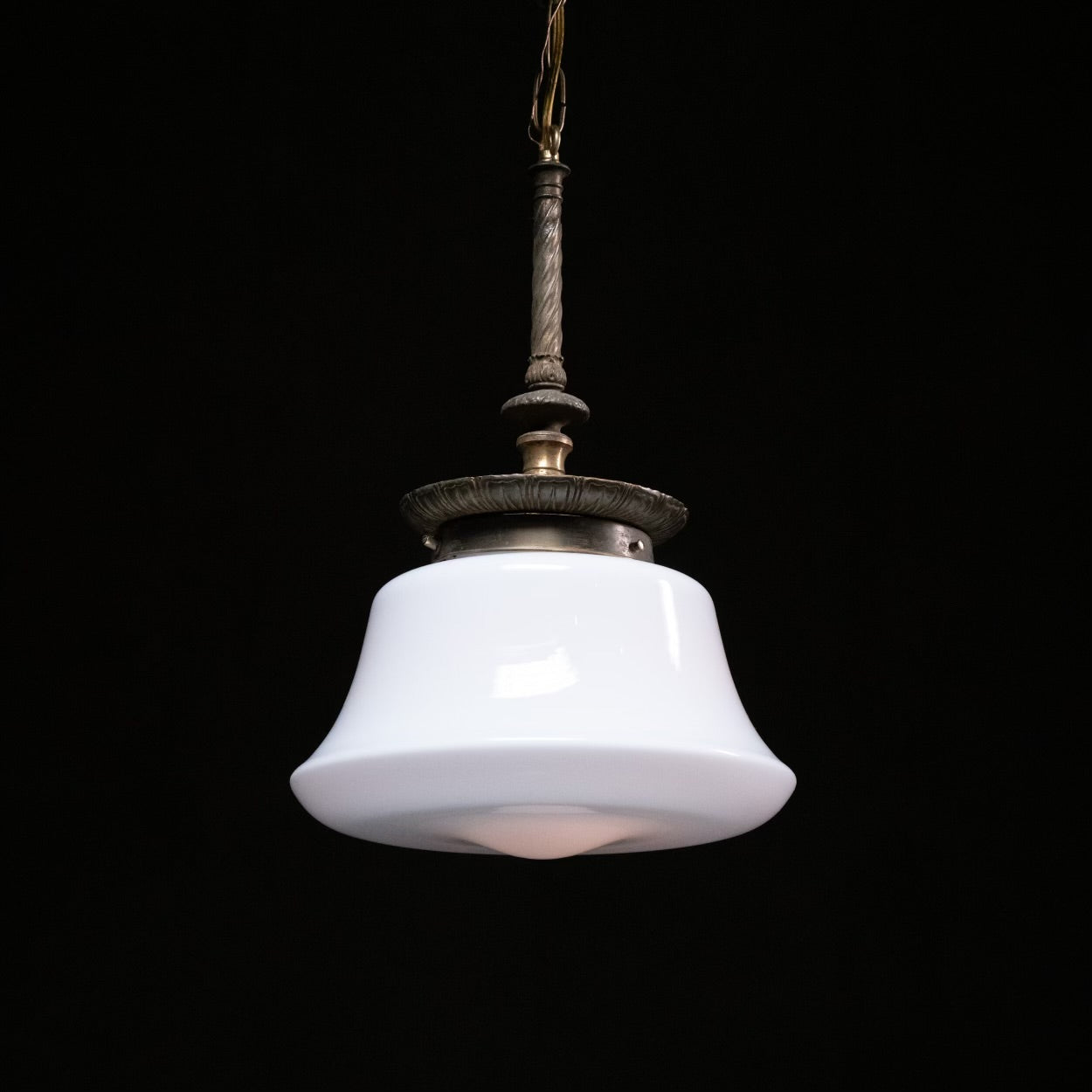 1920 Brass Library Pendant Light with Milk Glass Shade