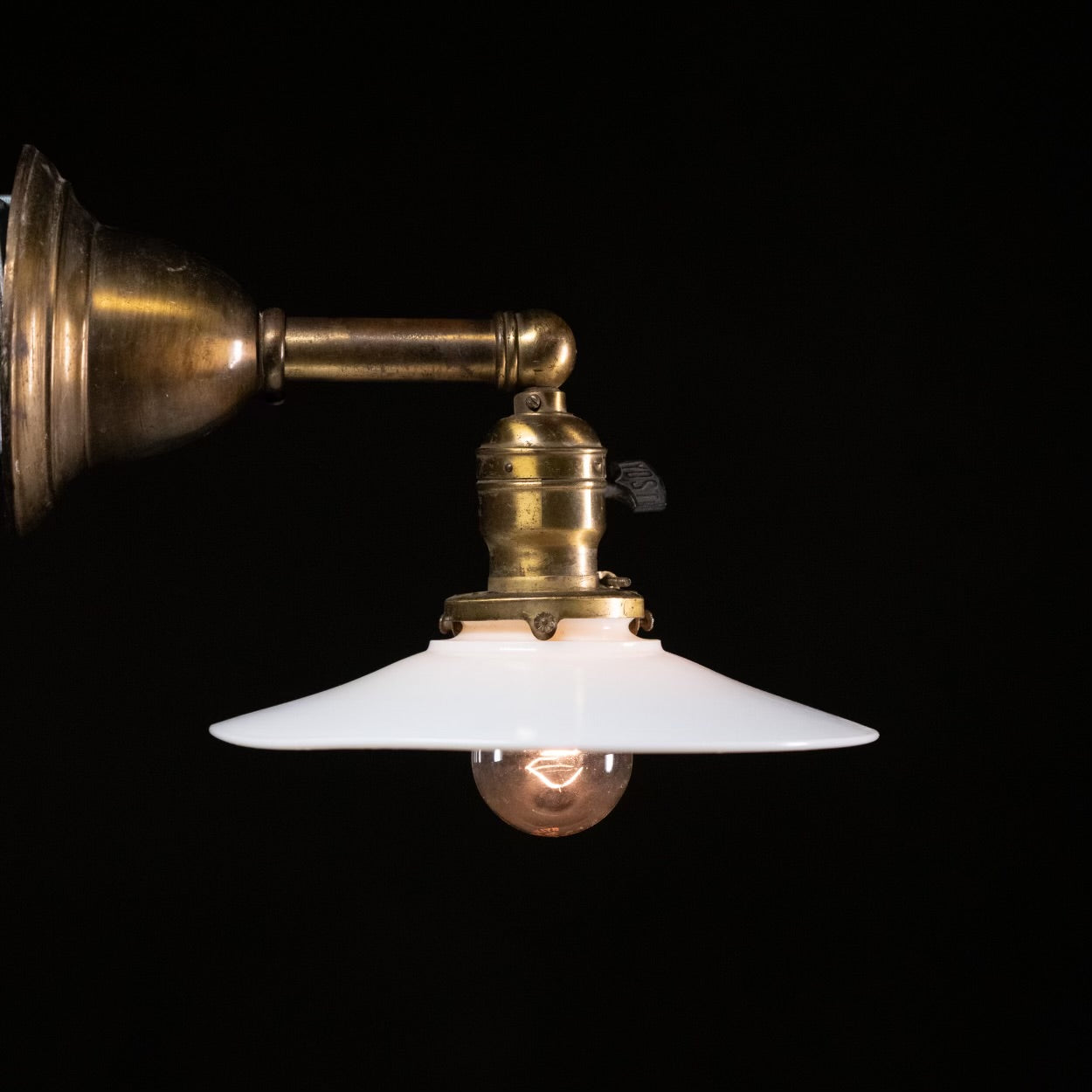 1920 brass Sconce with  milk glass saucer shade