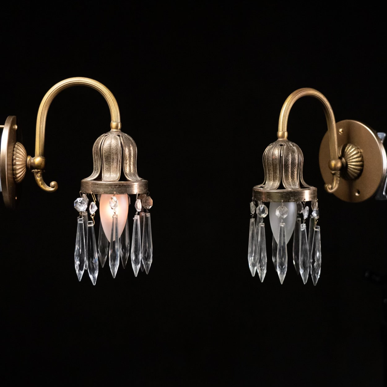 Set of Two Brass and Crystal Art Nouveau Sconce Lights