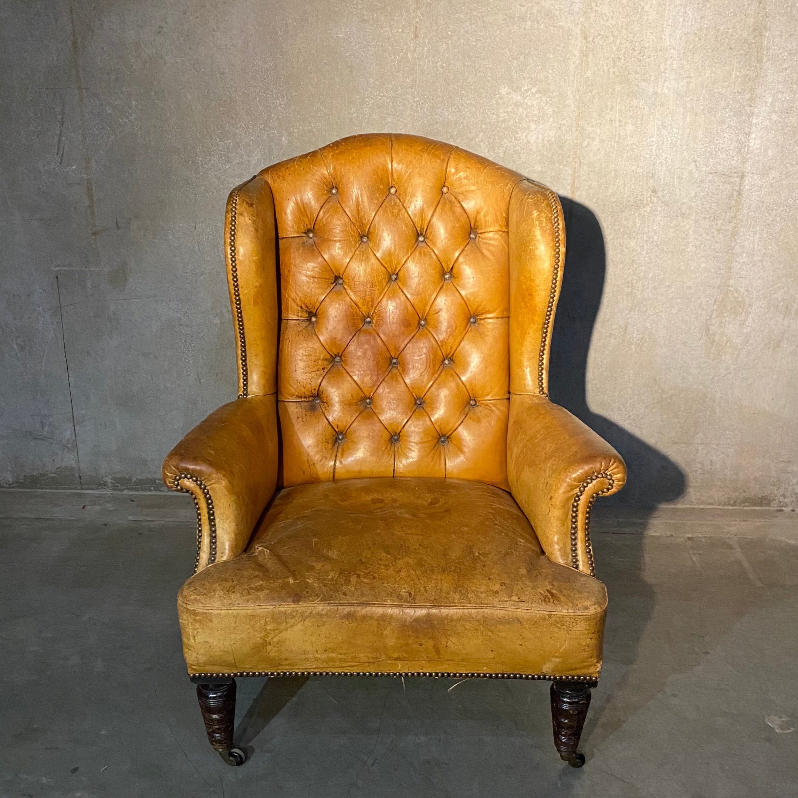 19thc English Rare Brown Leather Tufted Chair