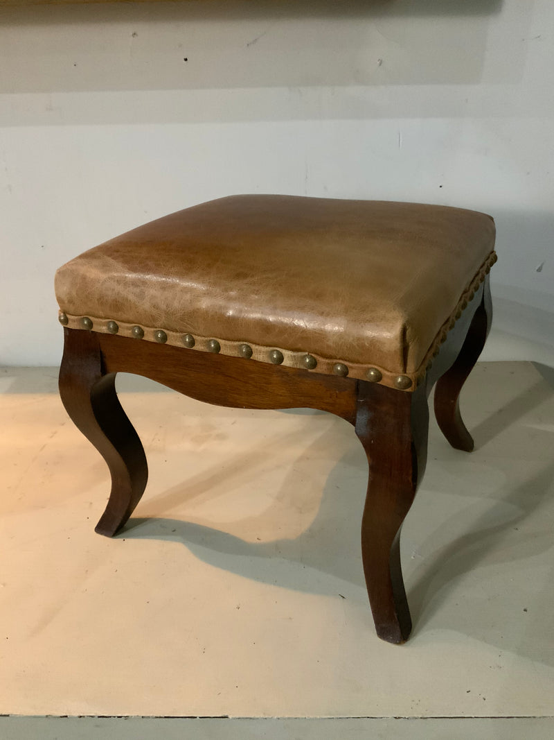 1910 country foot stool in leather top | Scott Landon Antiques and Interiors.