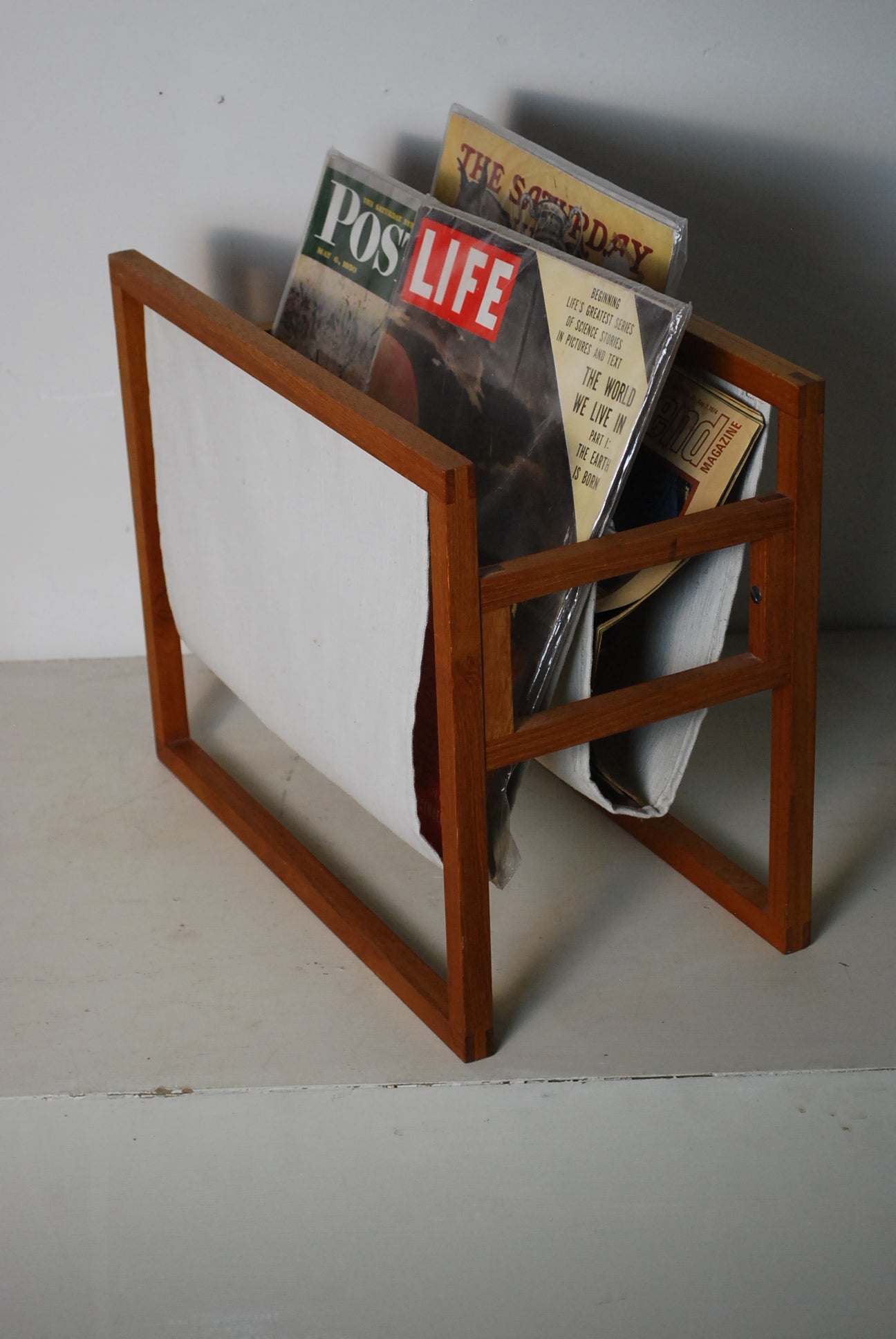 MCM Teak Magazine holder by Kai Kristiansen Magazine Rack for Aksel Kjersgaard Denmark | Scott Landon Antiques and Interiors.