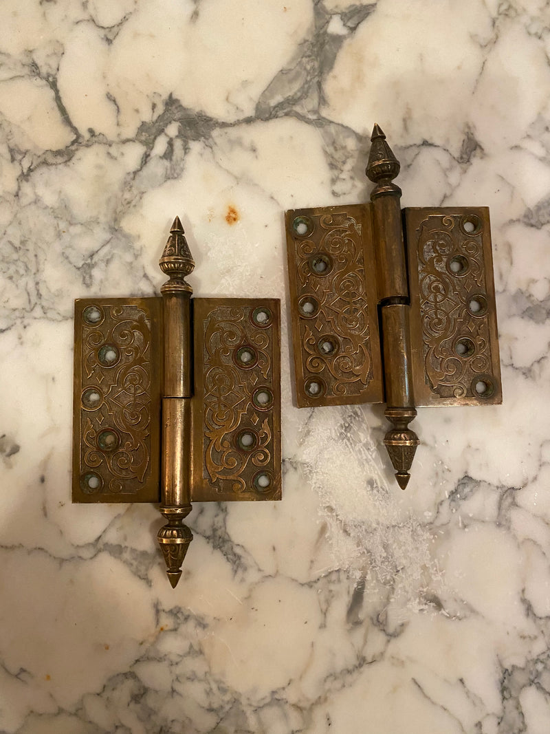 1910 PAIR OF LARGE SOLID CAST BRASS DOOR HINDGES | Scott Landon Antiques and Interiors.