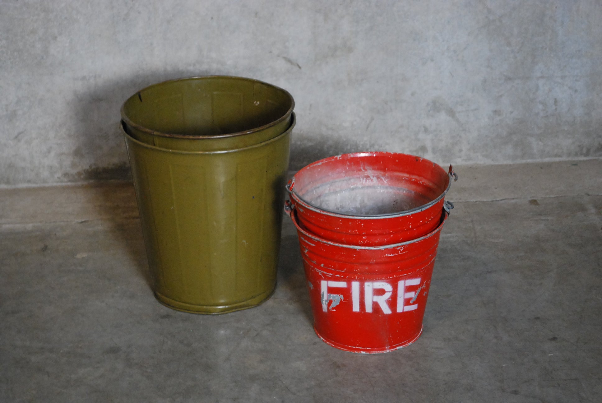 1940 Metal Ribbed Trash cans | Scott Landon Antiques and Interiors.