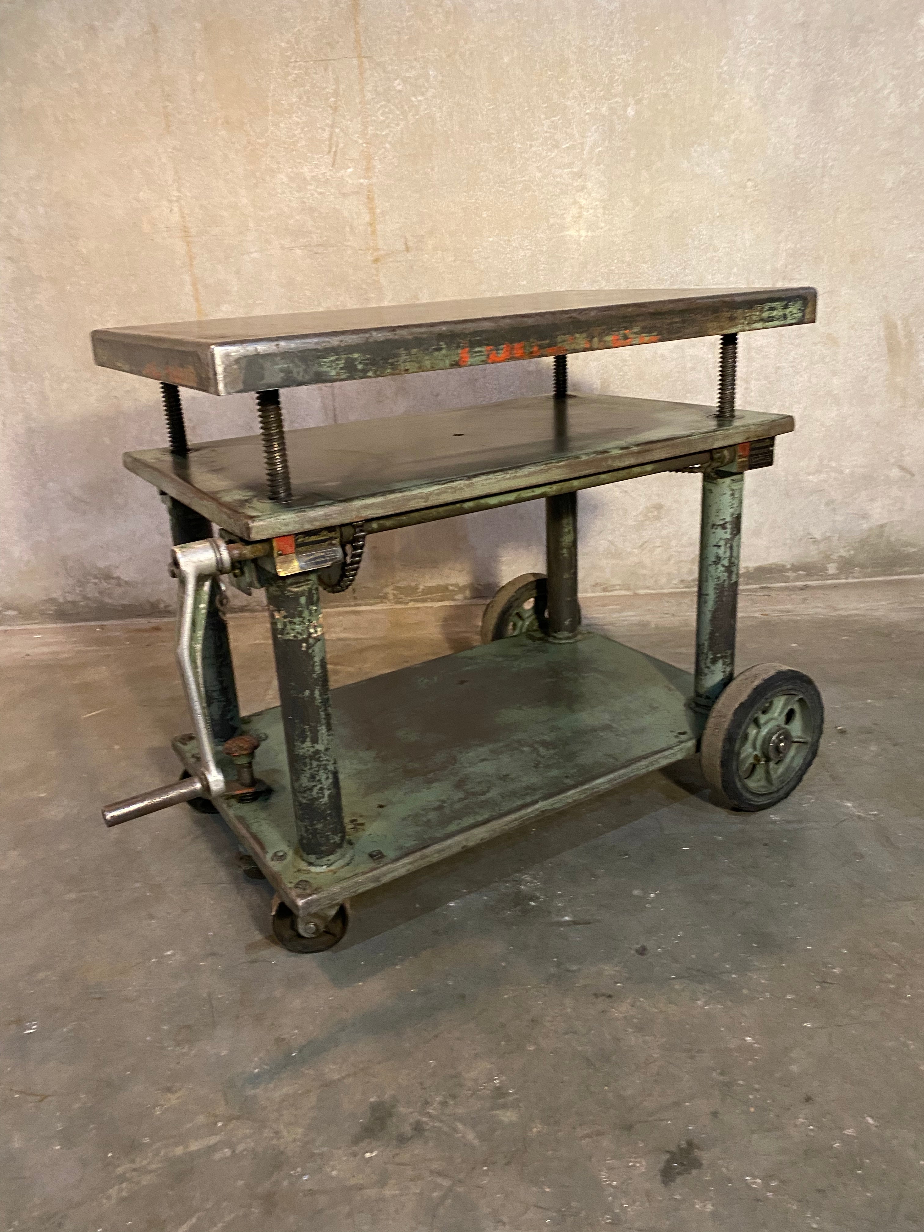 1930 industrial lift cart adjustable height | Scott Landon Antiques and Interiors.