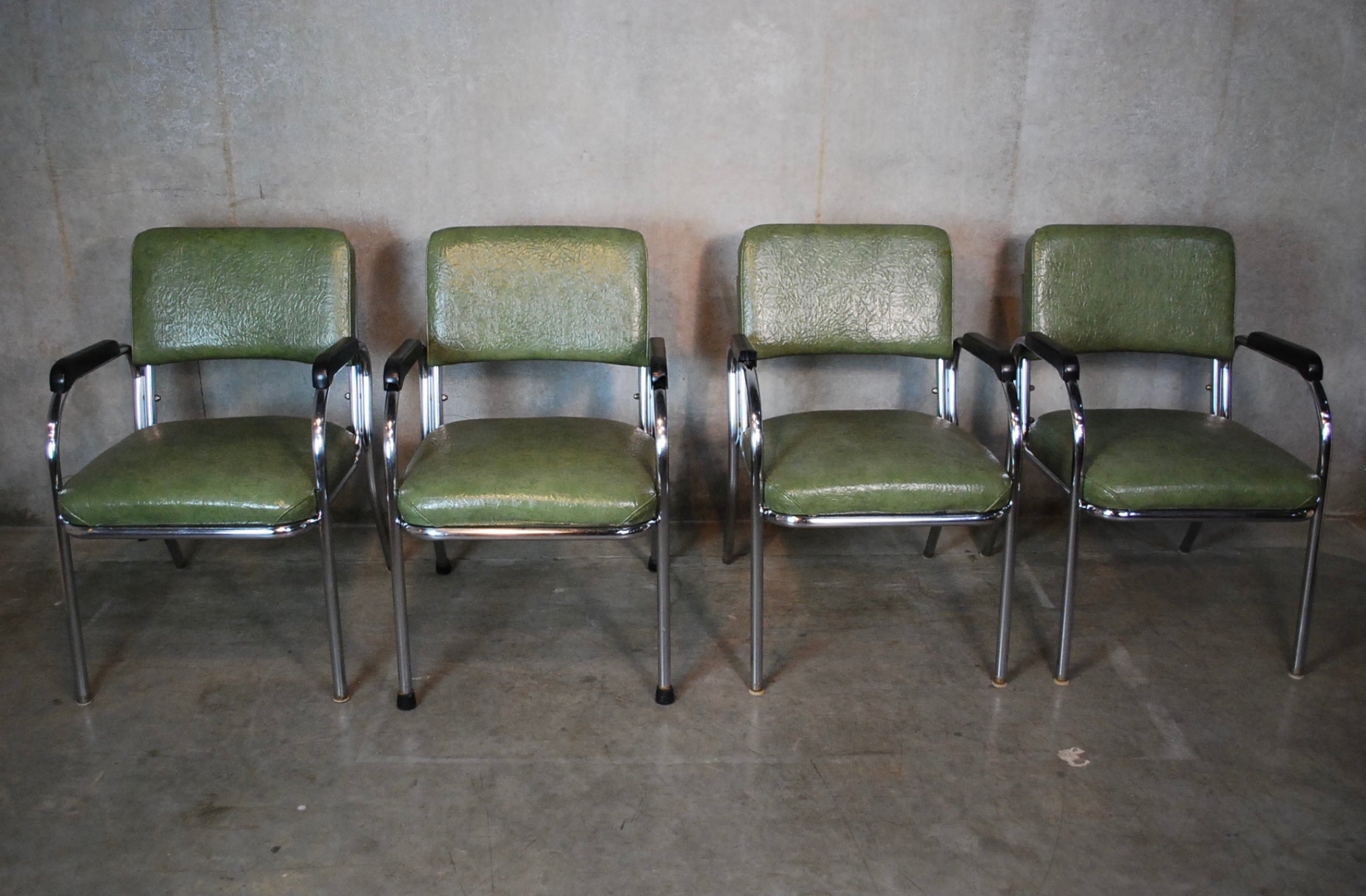 1950 MCM Set of Four Waiting room Chairs by Chrome craft | Scott Landon Antiques and Interiors.