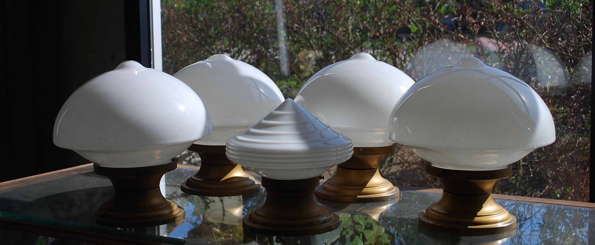 SET OF 1920 Brass FLUSH MOUNT Milk glass Globe lights | Scott Landon Antiques and Interiors.