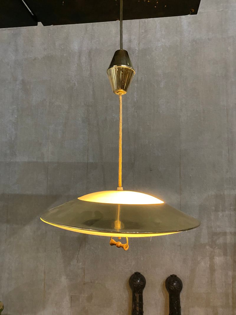 Mid century brass retractable Atomic pendant light | Scott Landon Antiques and Interiors.