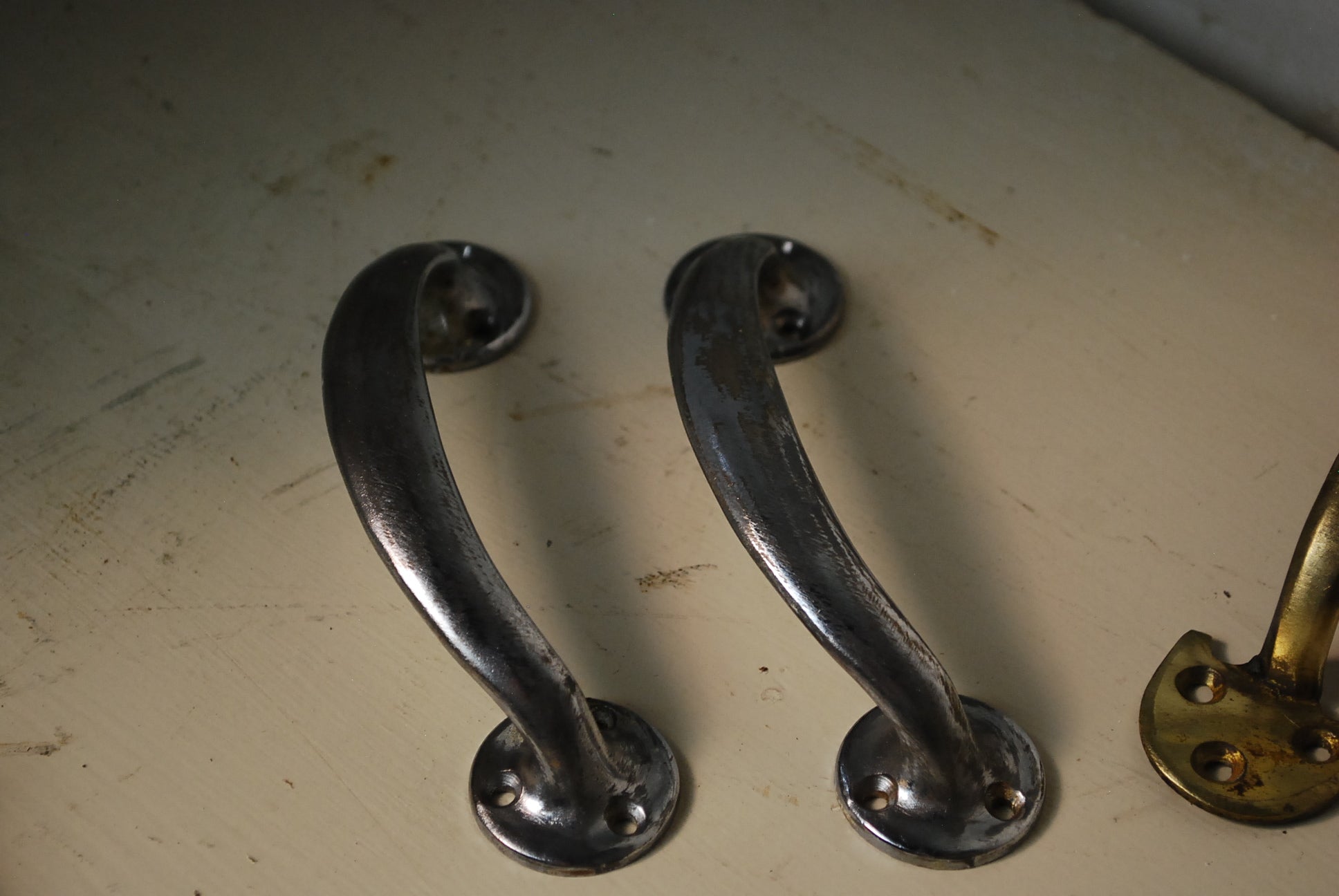 1930 Art Nouveau pair of Nickel plated brass Pulls  Handles | Scott Landon Antiques and Interiors.