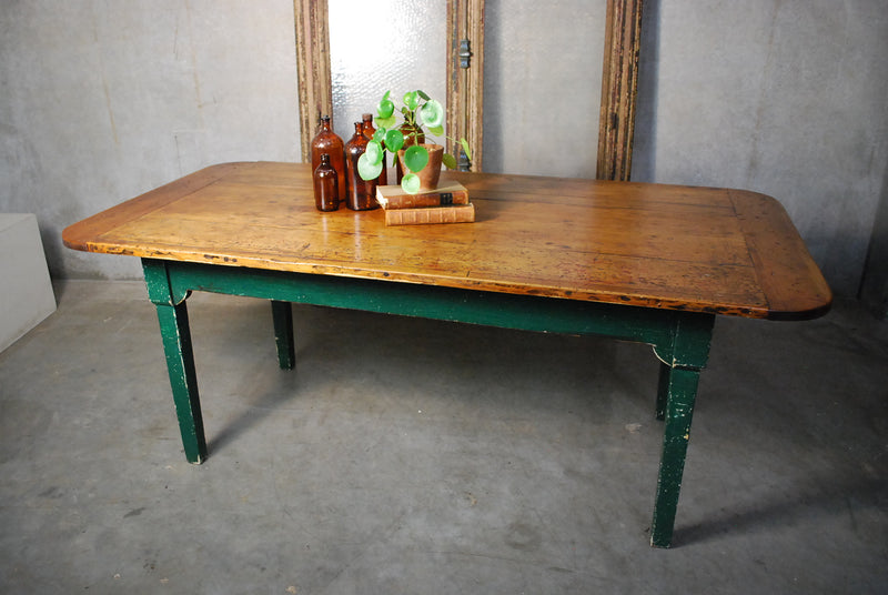 1920 Antique Canadian Country Farm Dining table in original Green paint | Scott Landon Antiques and Interiors.