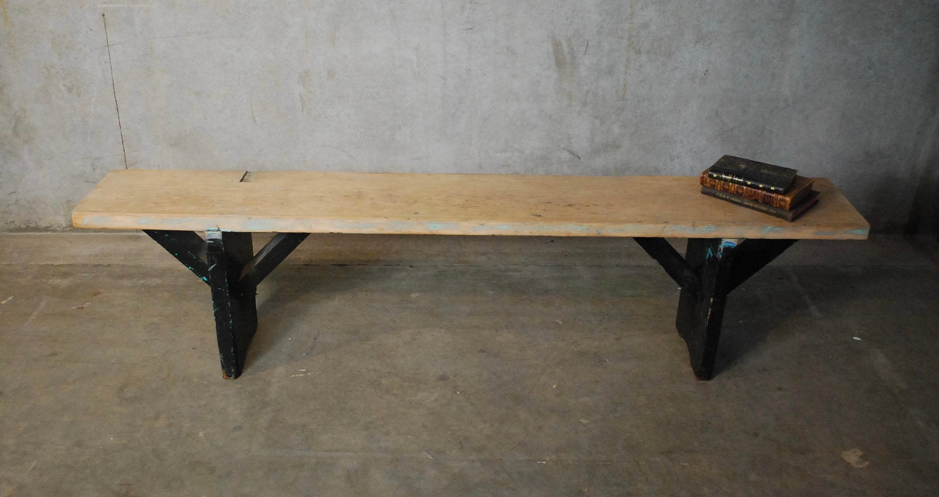 1920 Solid Fir School bench in old Black paint | Scott Landon Antiques and Interiors.