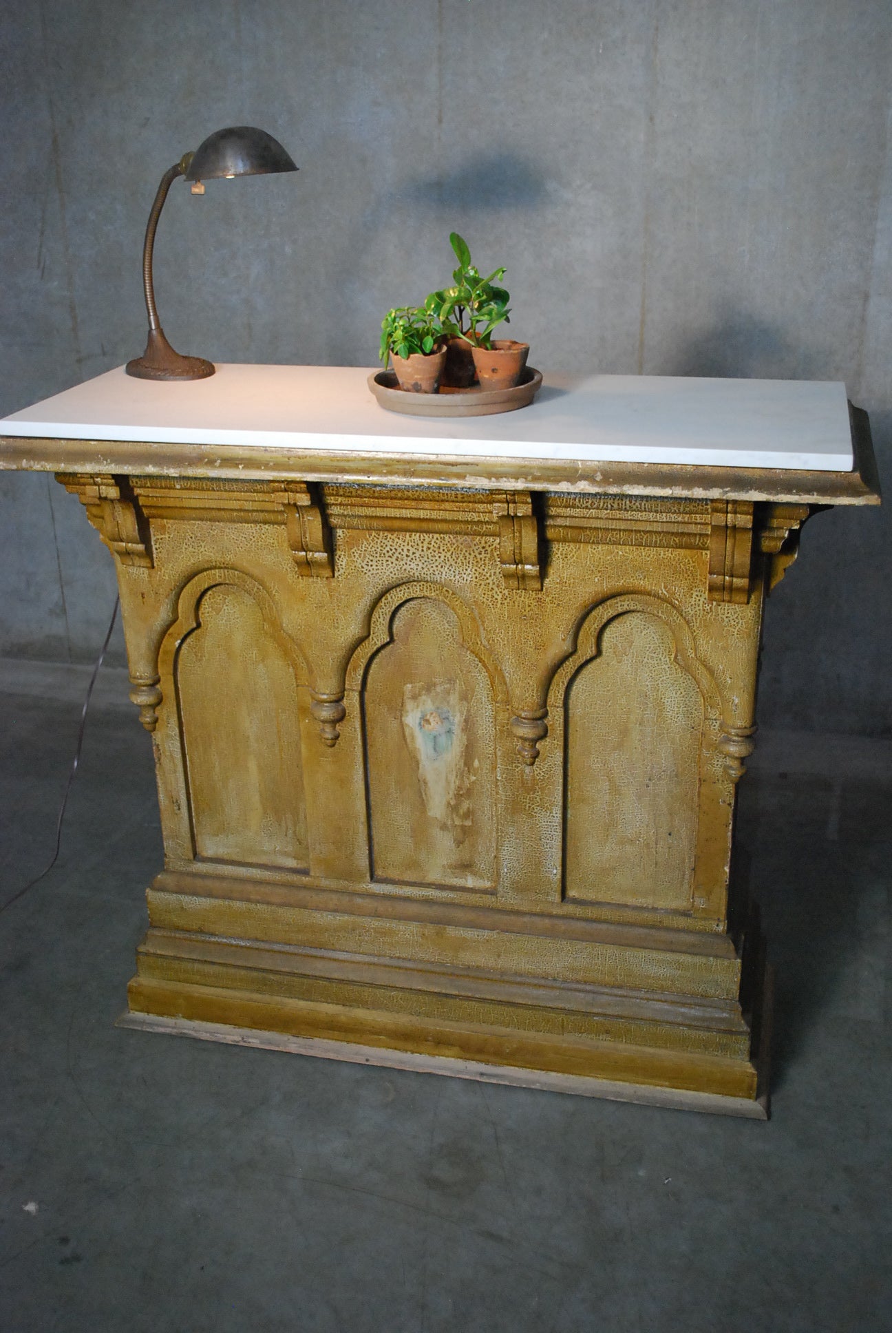 1890 Architectural pine lecturn / console table in old paint | Scott Landon Antiques and Interiors.