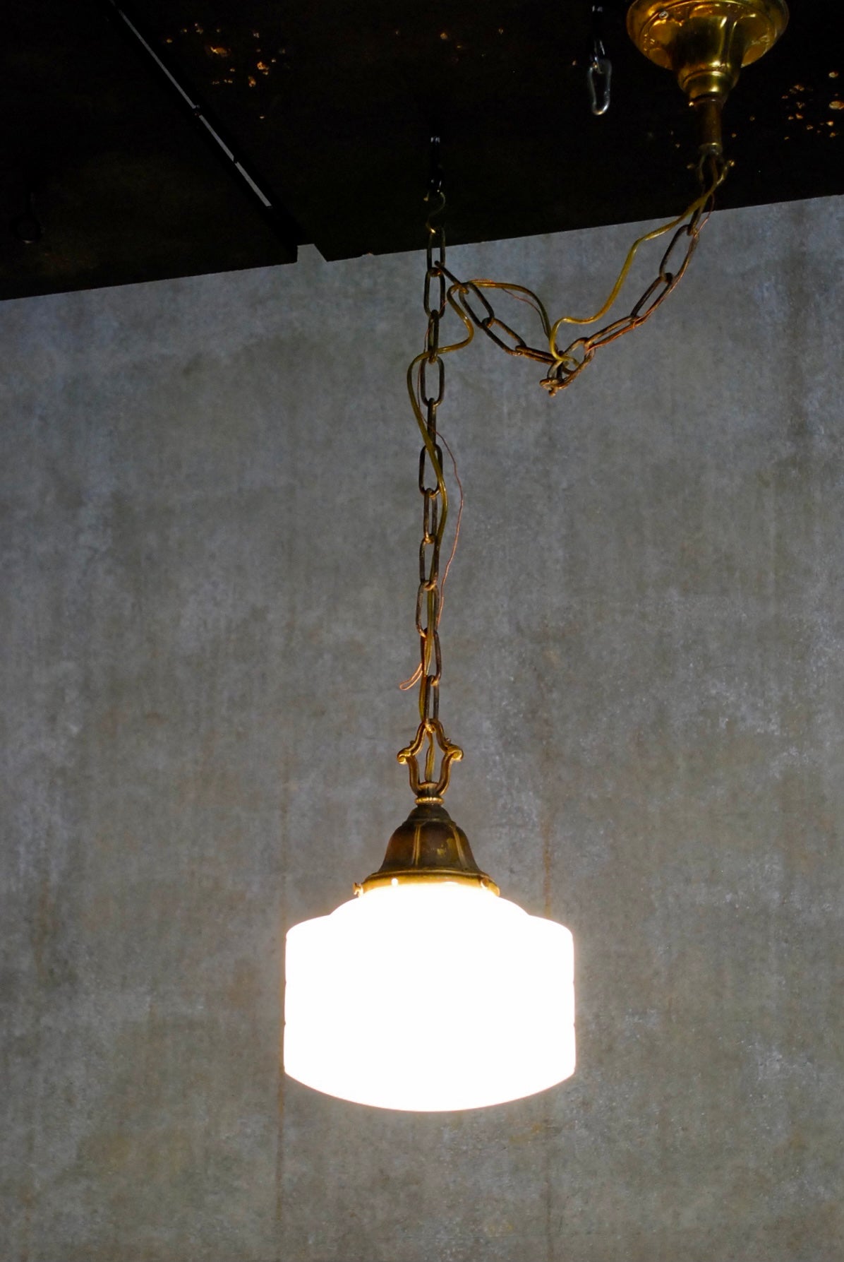 1920 Rare Brick pattern Milk Glass Globe"  Pendant Light  on brass Fitter | Scott Landon Antiques and Interiors.